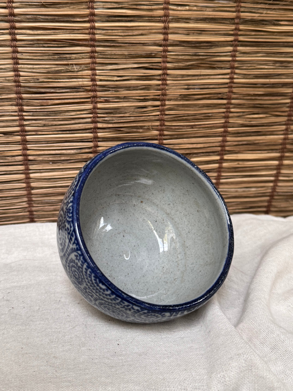 Japanese Mini Chawan - Dense Karakusa Scroll Pattern, Cobalt Blue Underglaze