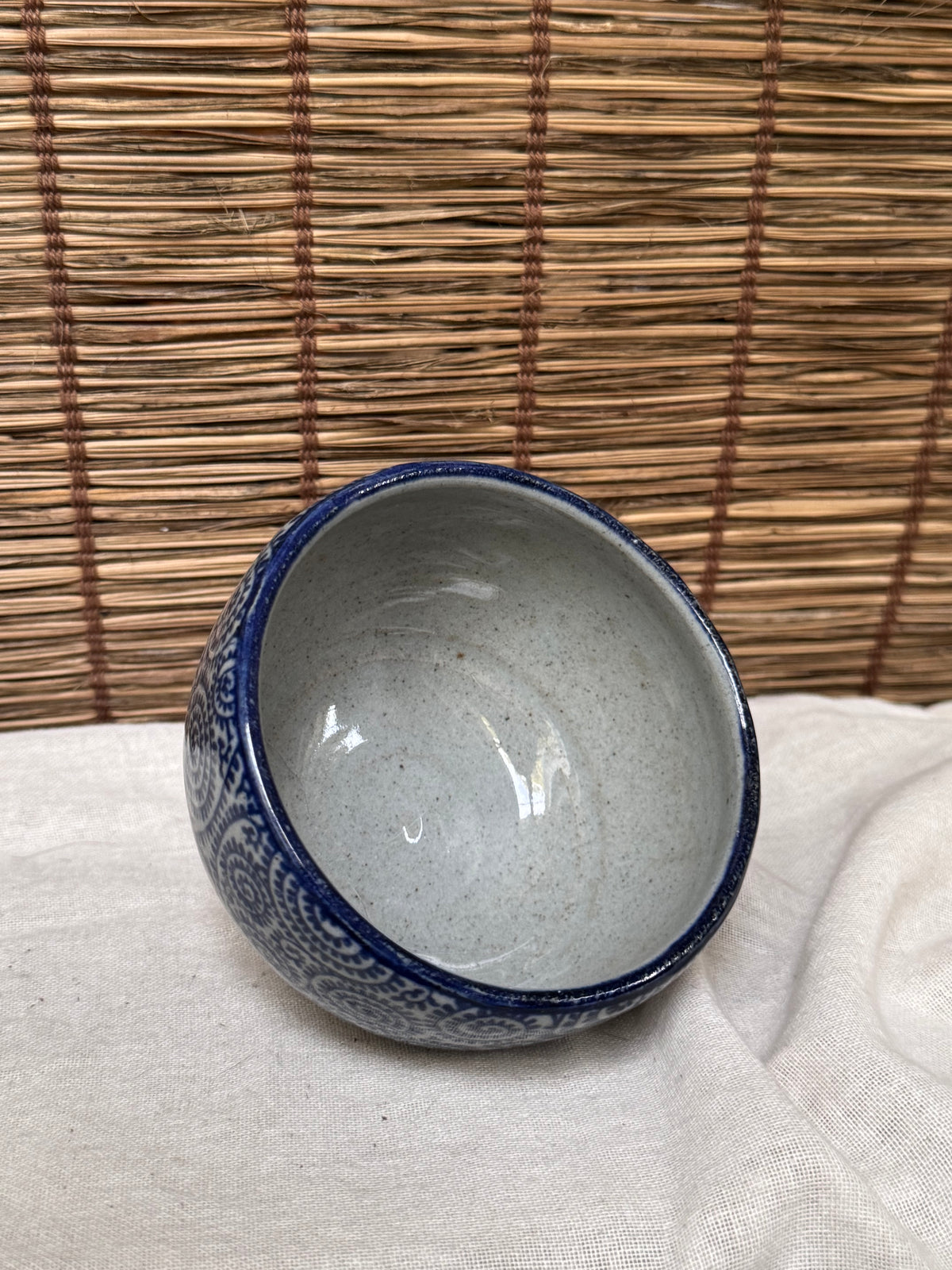 Japanese Mini Chawan - Dense Karakusa Scroll Pattern, Cobalt Blue Underglaze