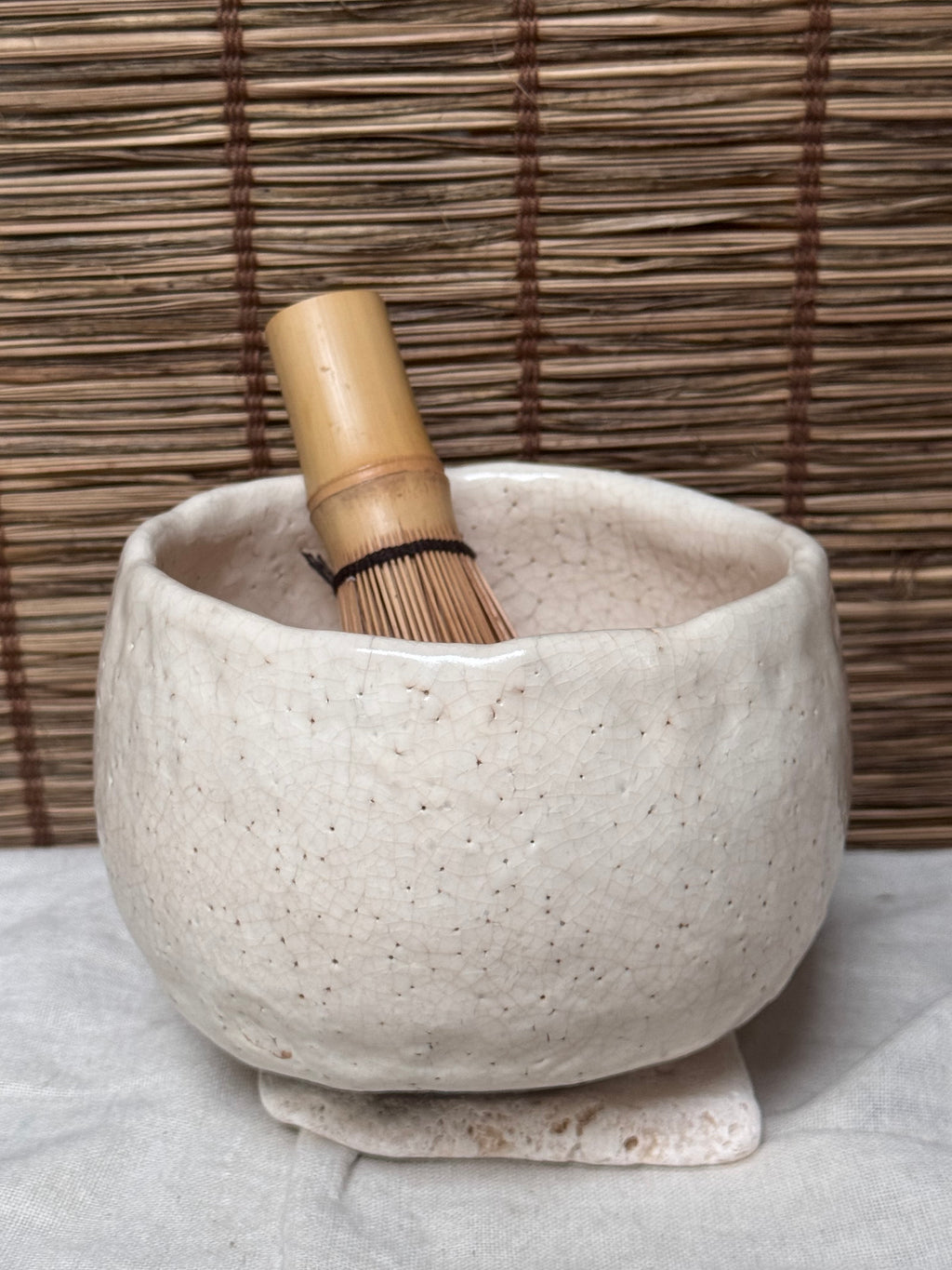 Shino Matcha Chawan — White Feldspar Glaze, Pinholed "Citron Skin" Surface