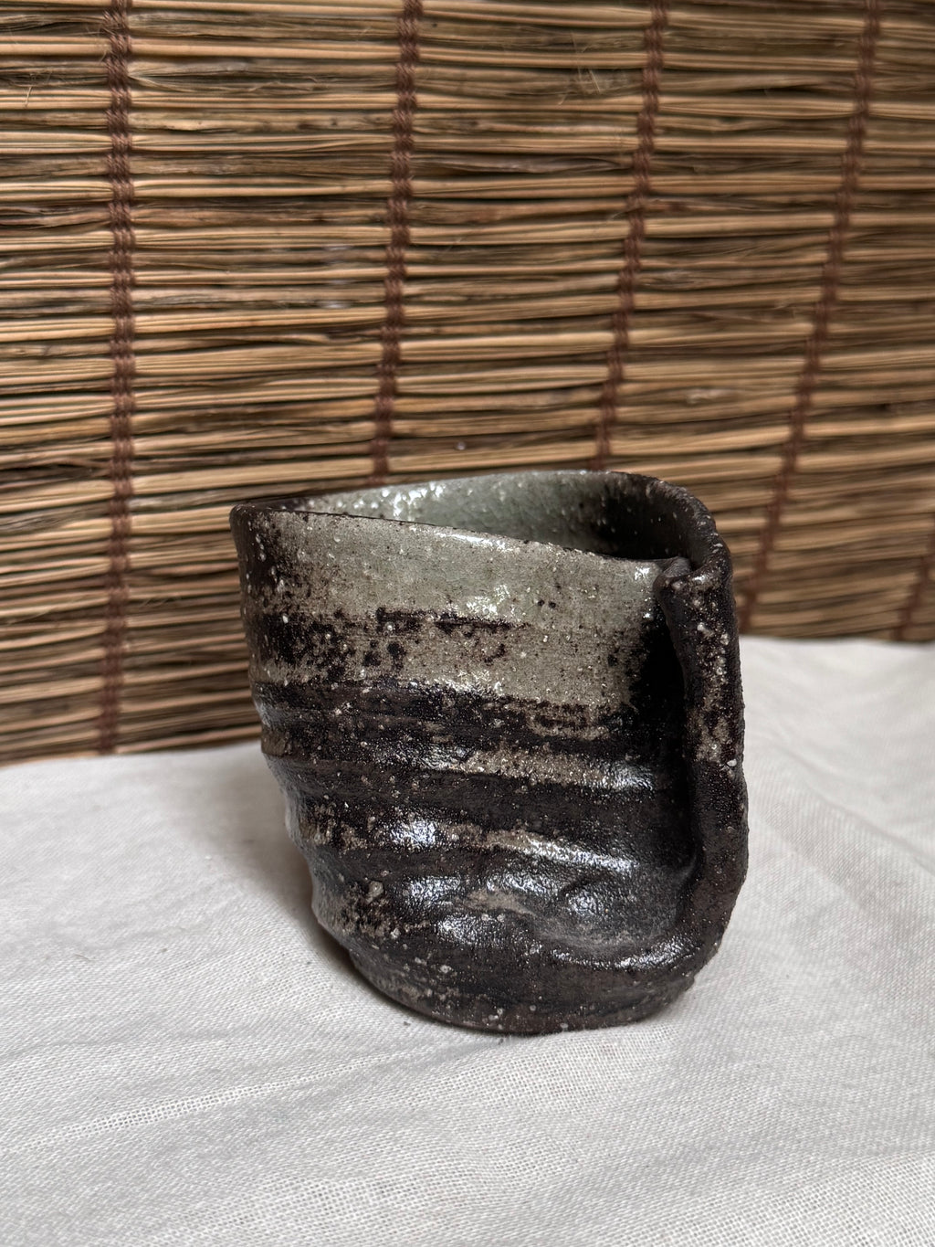 Shigaraki-Yaki Wood-Fired Yunomi Cup, Wave-Cut Rim, Natural Ash Glaze