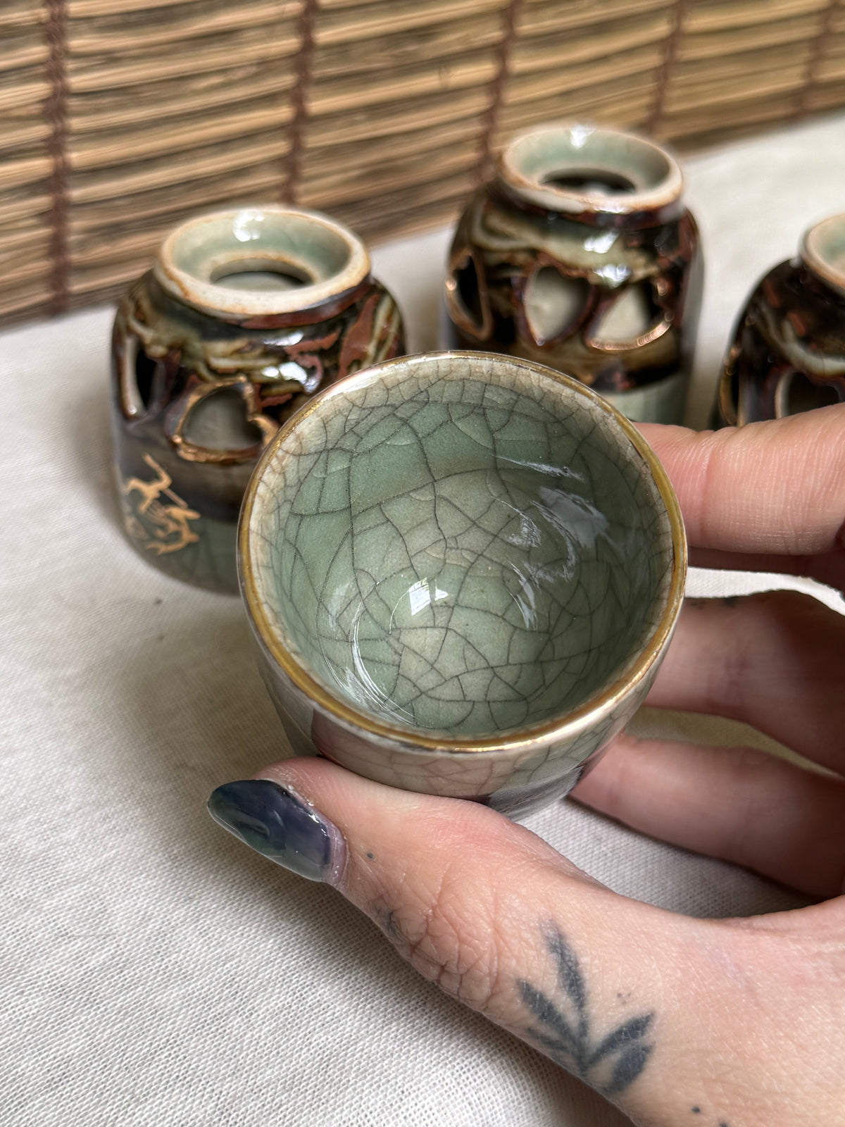 Sōma-yaki Double-Walled Cups, Set of 4 — Crackle Celadon Glaze, Cutout Design, Horse Gold Accents