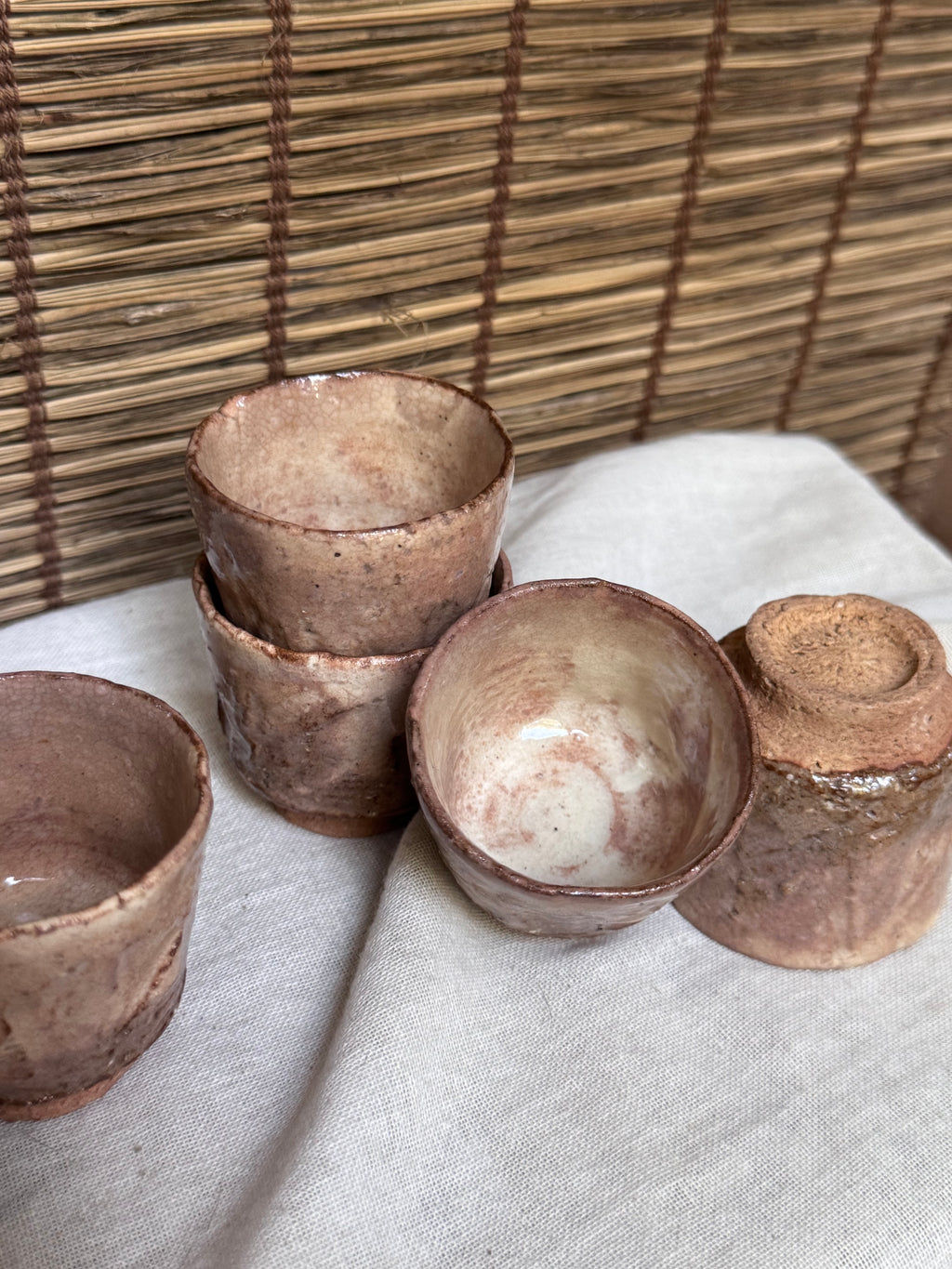 Hagi-yaki Sake Cups, Set of 6 — Blush Pink Ash Glaze, Hand-Built, Unglazed Rim & Foot
