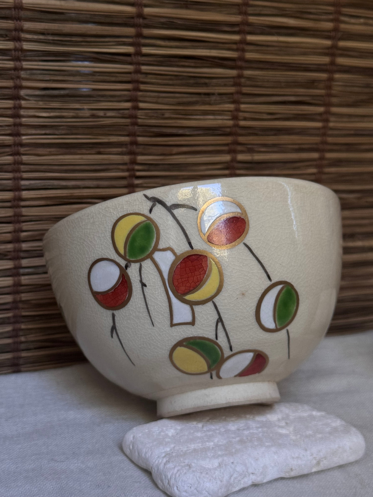 Kyoto Ware Matcha Bowl (Chawan) — New Year Mayudama & Uguisu-bue Motif, Iro-e Enamels