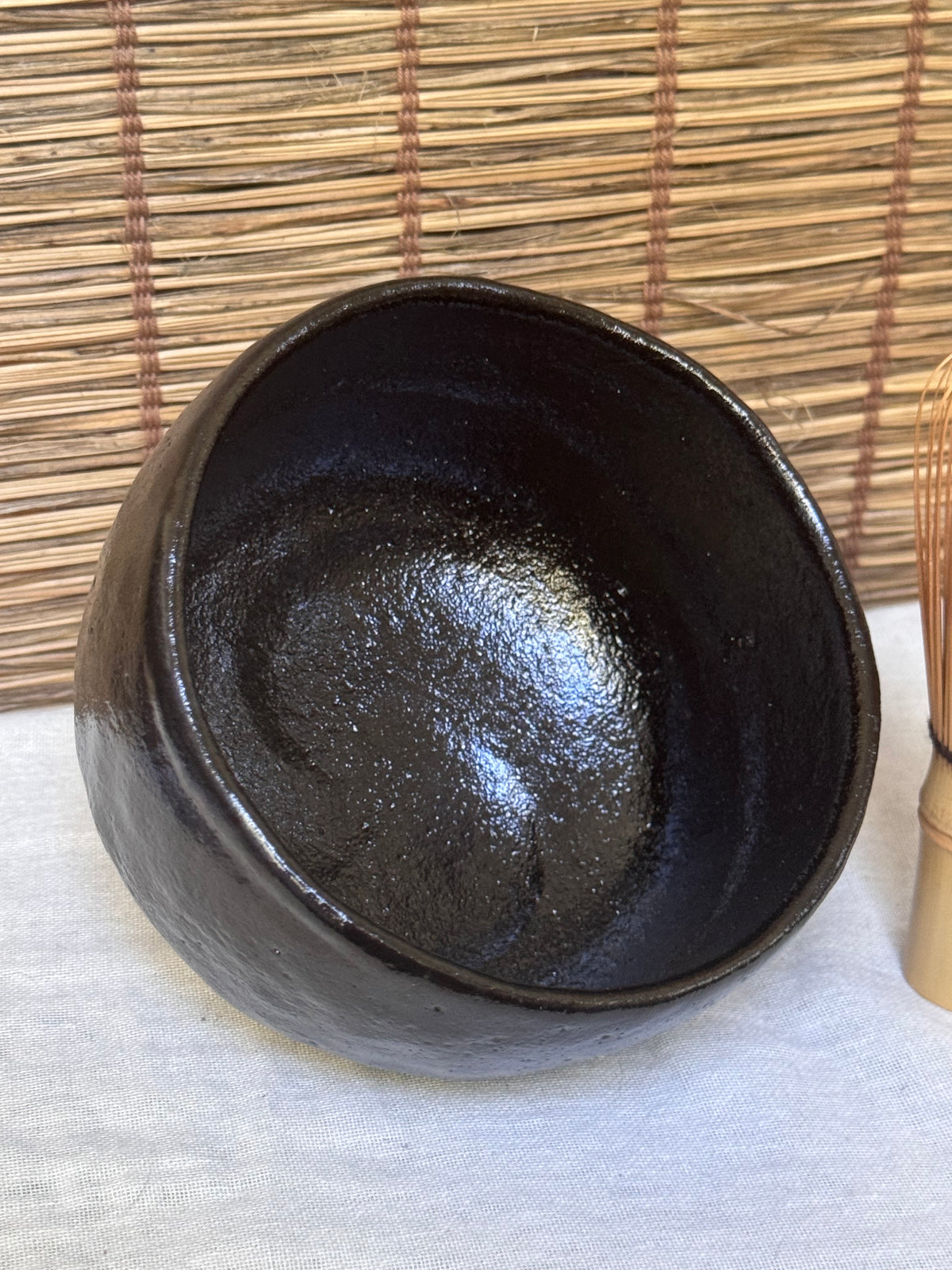 Kuro Raku Tea Bowl (Black Raku Chawan) — Hand-Formed with Spatula-Carved Facets, Wooden Box