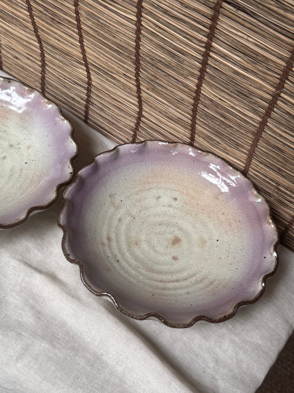 Lavender-Rimmed Scalloped Dishes, Pair — Spiral Throwing Rings, Iron-Brown Wave Edge