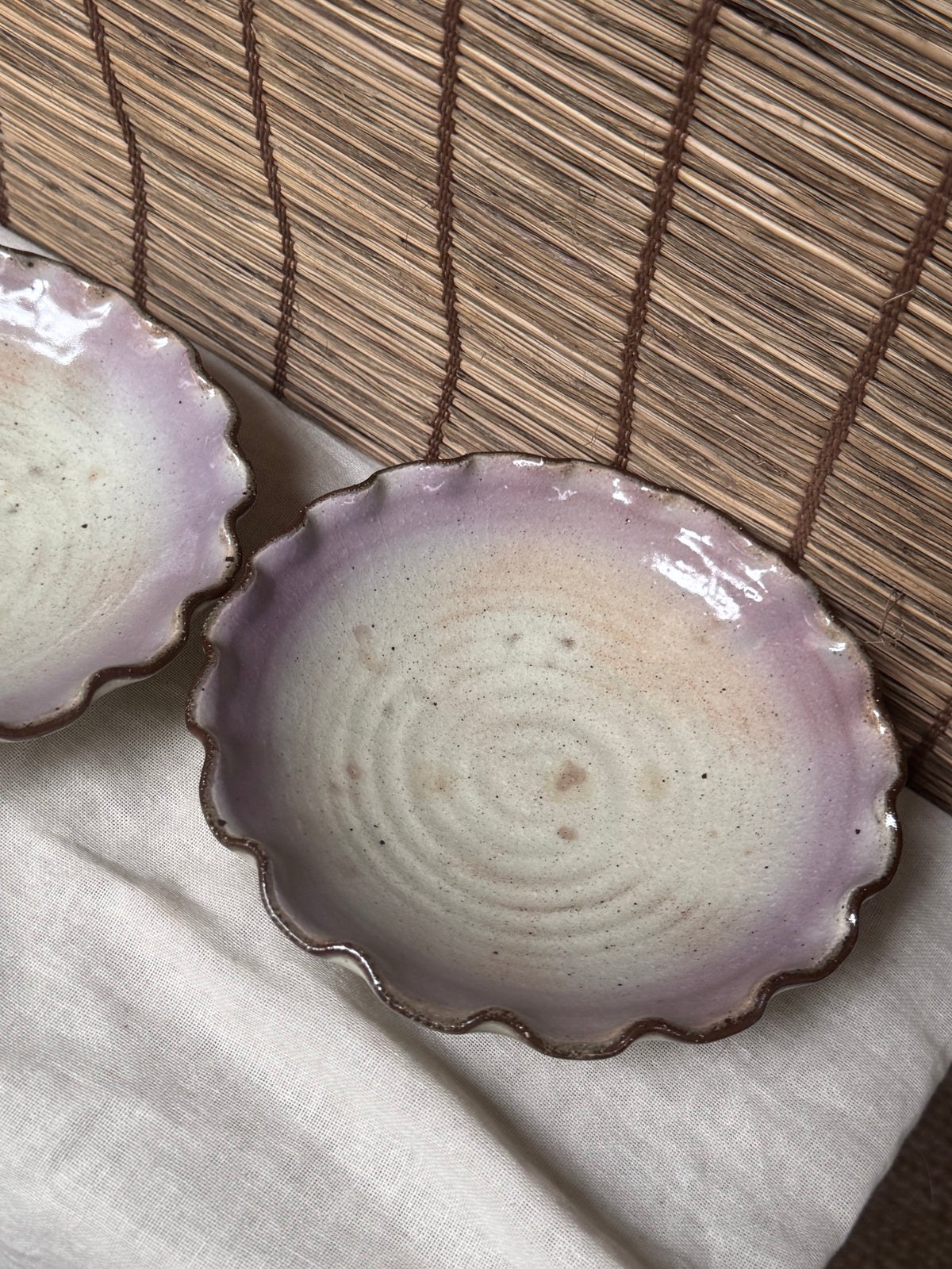 Lavender-Rimmed Scalloped Dishes, Pair — Spiral Throwing Rings, Iron-Brown Wave Edge