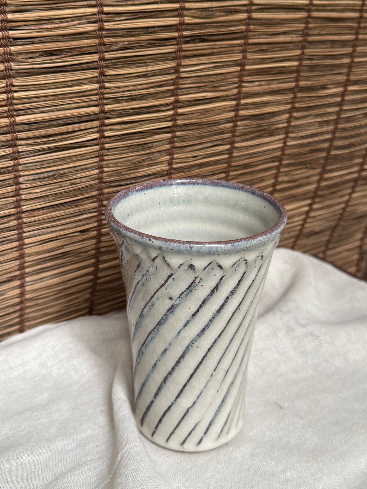 Japanese Tumbler, Carved Diagonal Line Design, Ash Glaze