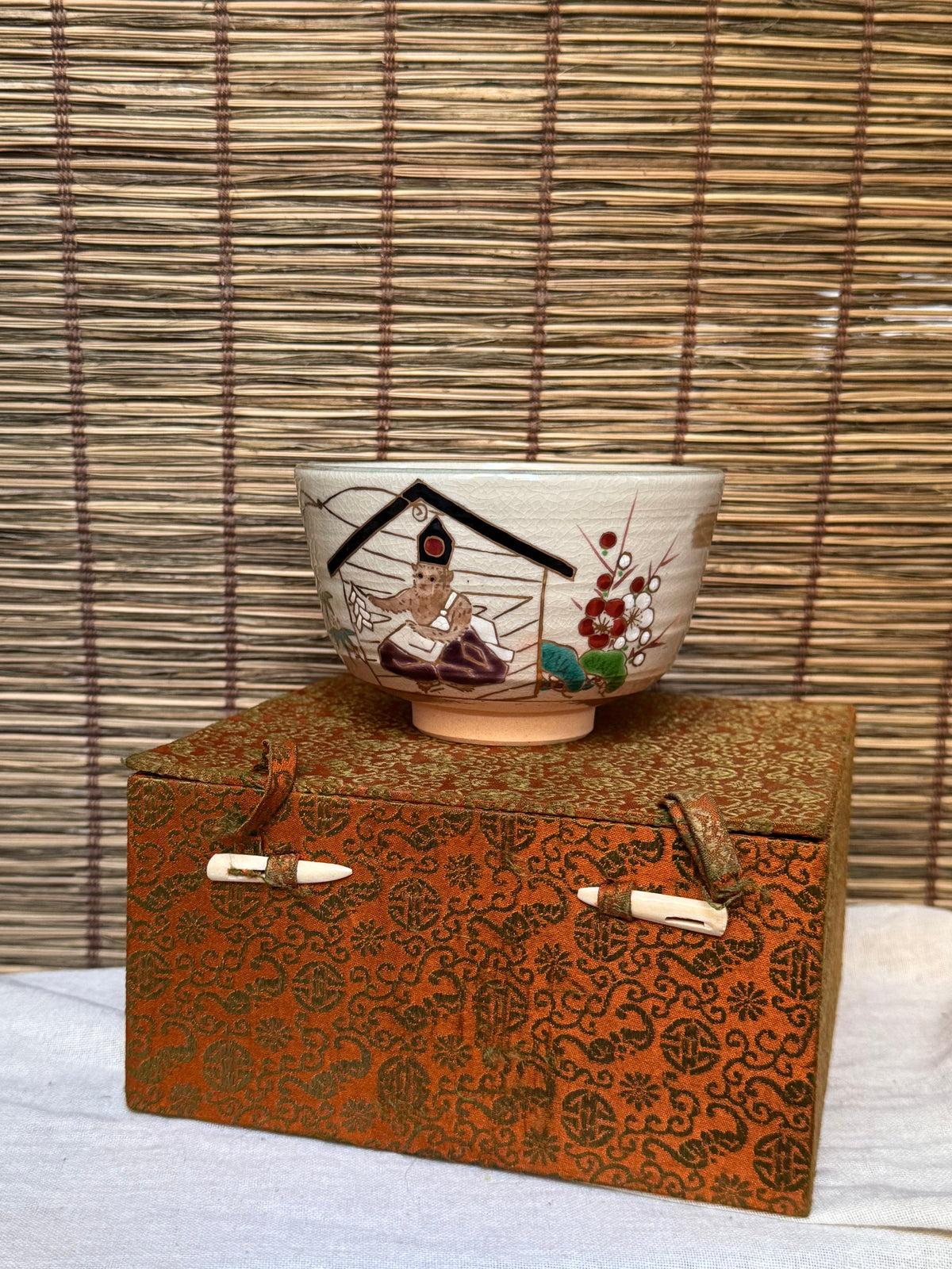 Kyoto Ware Zodiac Tea Bowl (Eto Chawan), Year of the Monkey — Monkey on an Ema with Pine, Bamboo and Plum
