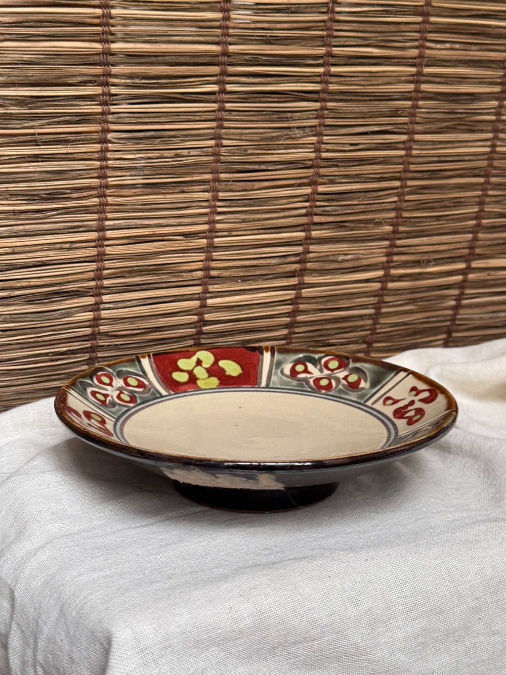 Yachimun Okinawan Pottery Plate — Hand-Painted Paneled Floral Design