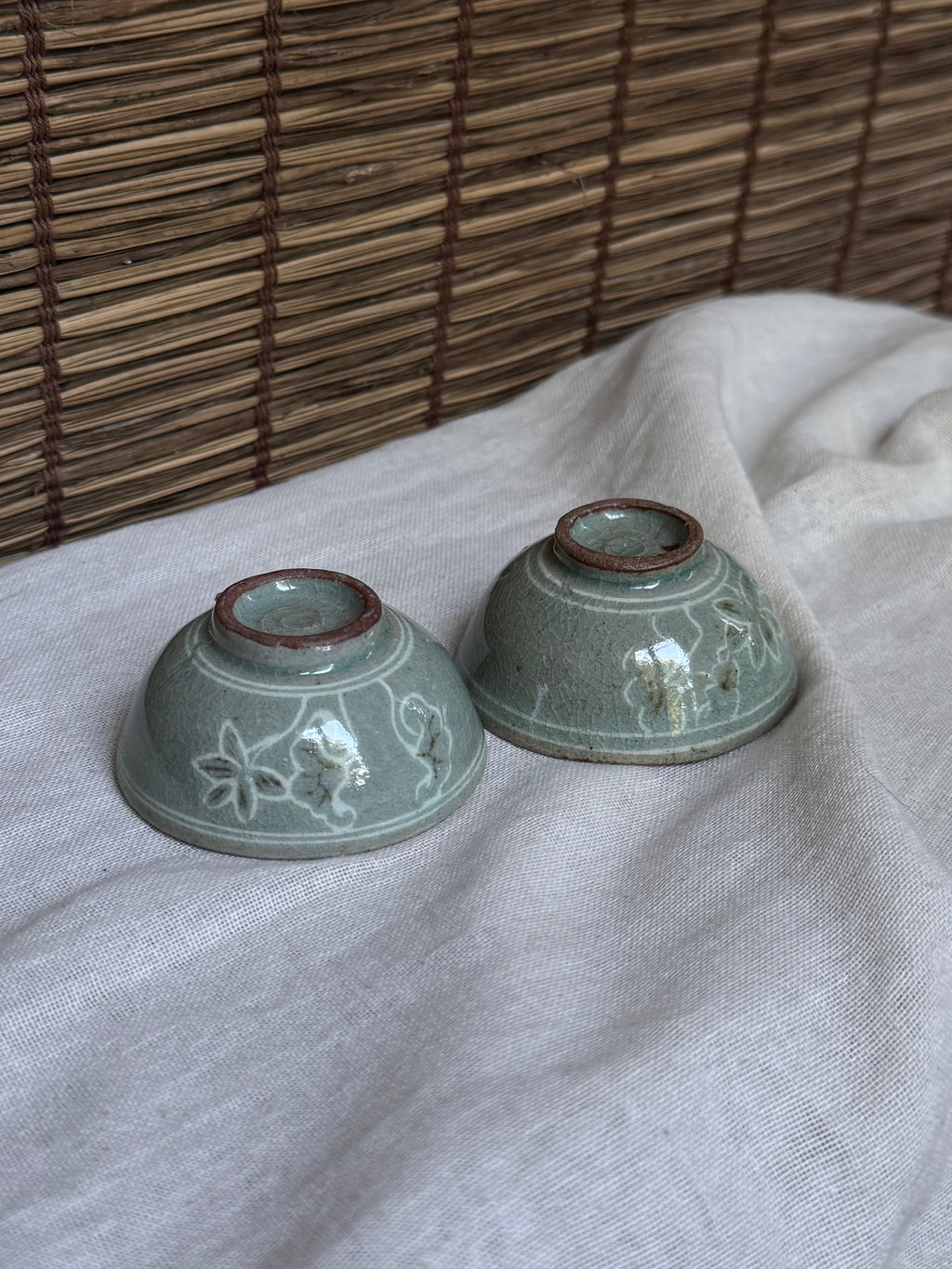 Celadon Sake Cups, Pair — Carved Scrollwork, Crackle Glaze