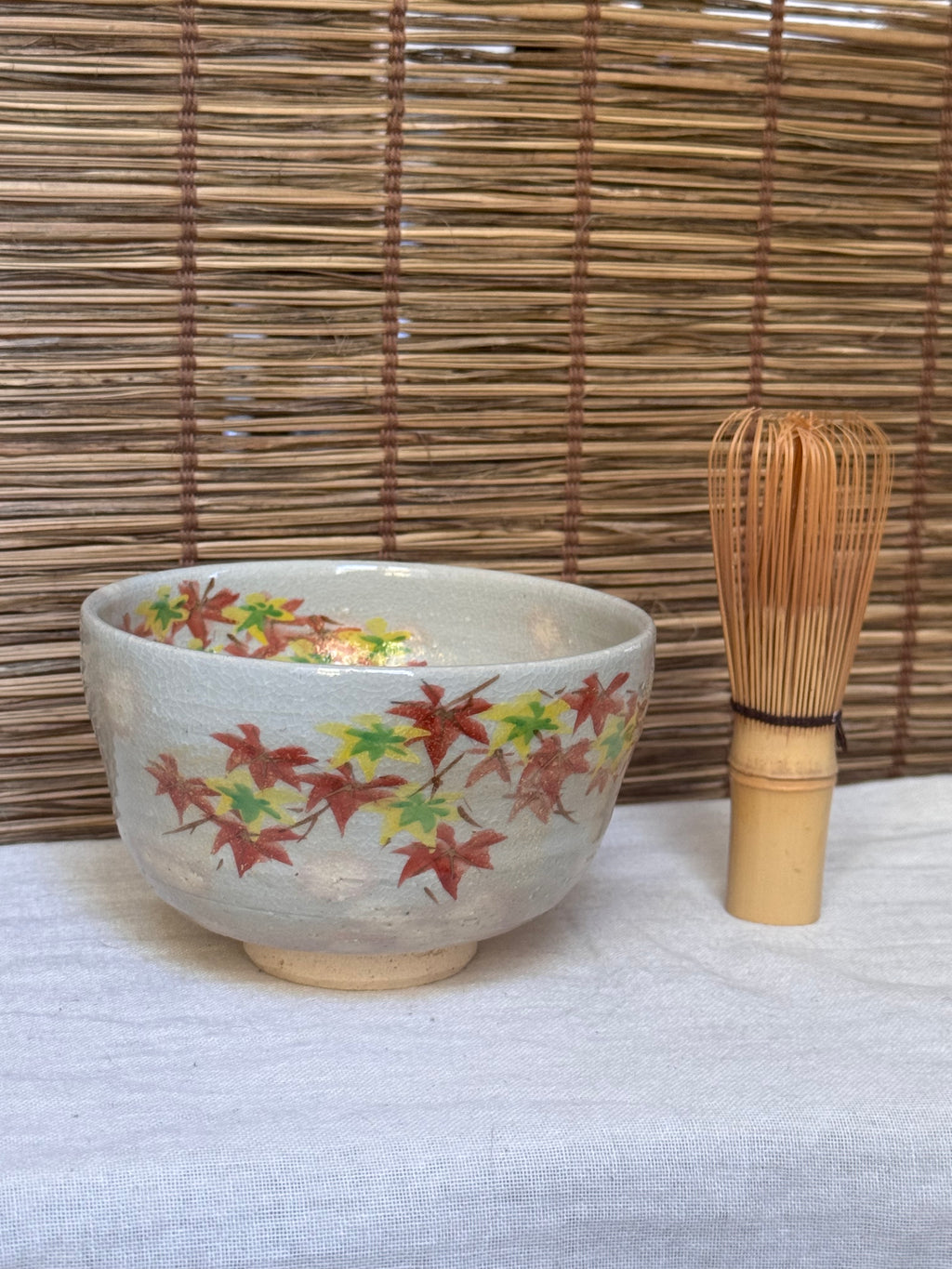 Hagi Ware Matcha Bowl (Chawan) — Momiji Maple Leaves, Gold Accents, Crackle Glaze