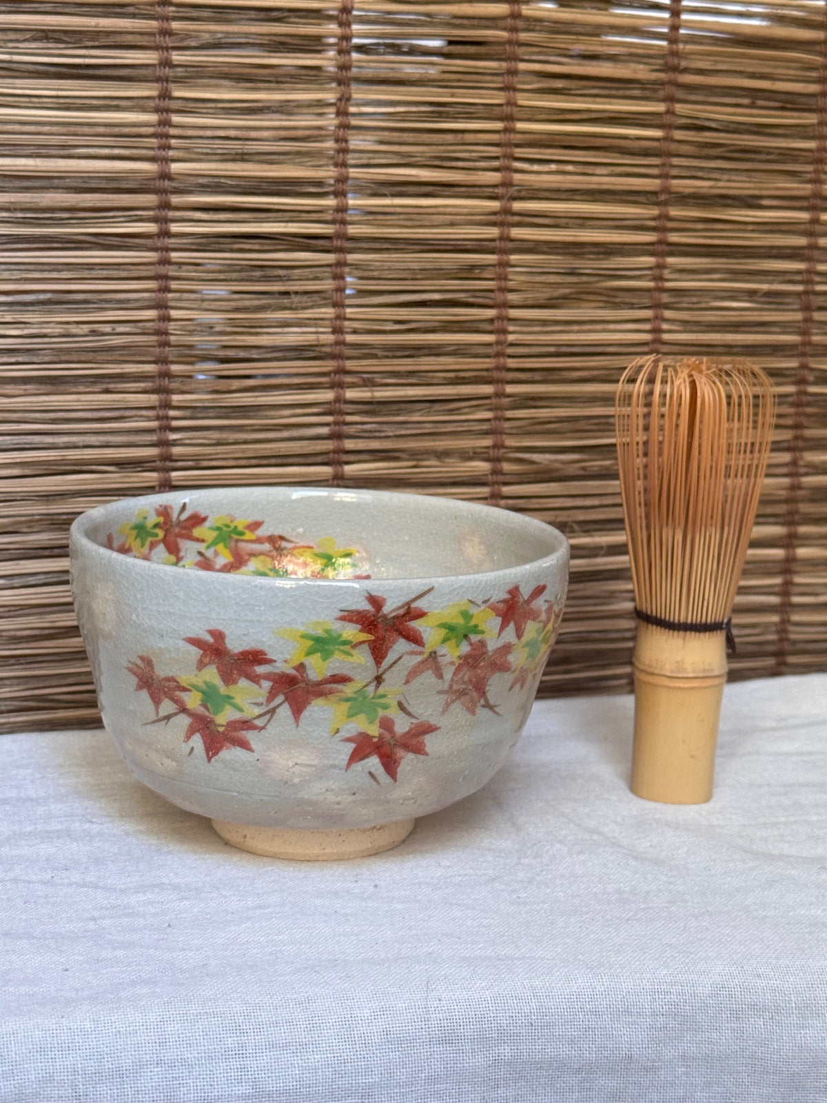 Hagi Ware Matcha Bowl (Chawan) — Momiji Maple Leaves, Gold Accents, Crackle Glaze
