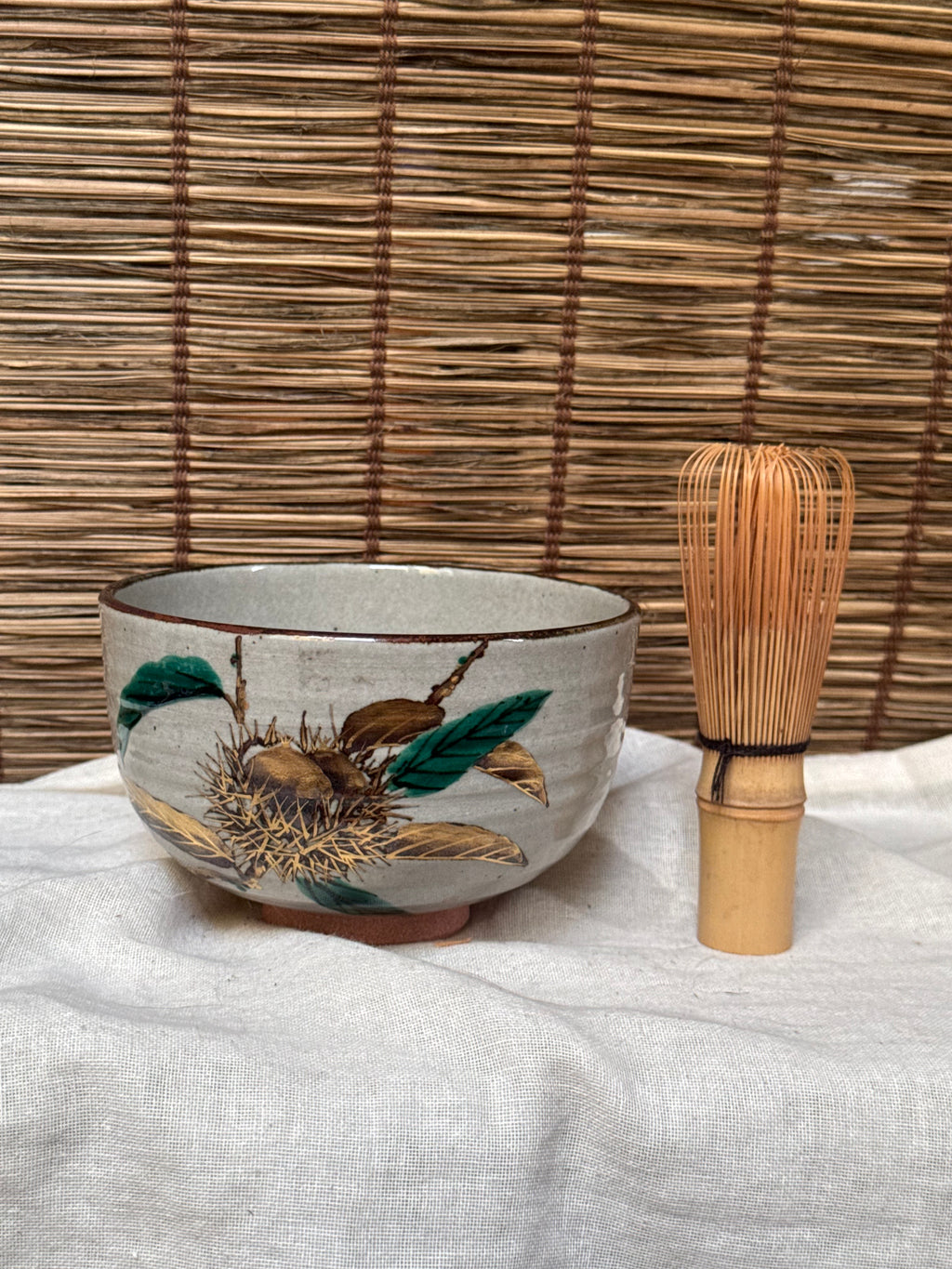 Somayama Ware Matcha Chawan by Minamiguchi Kansui — Kenzan-Style Chestnut Design, Original Box