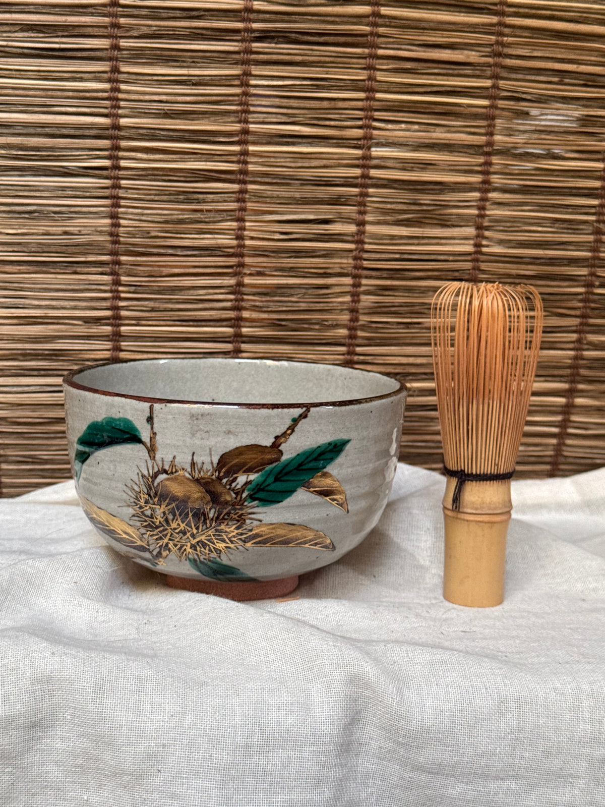 Somayama Ware Matcha Chawan by Minamiguchi Kansui — Kenzan-Style Chestnut Design, Original Box