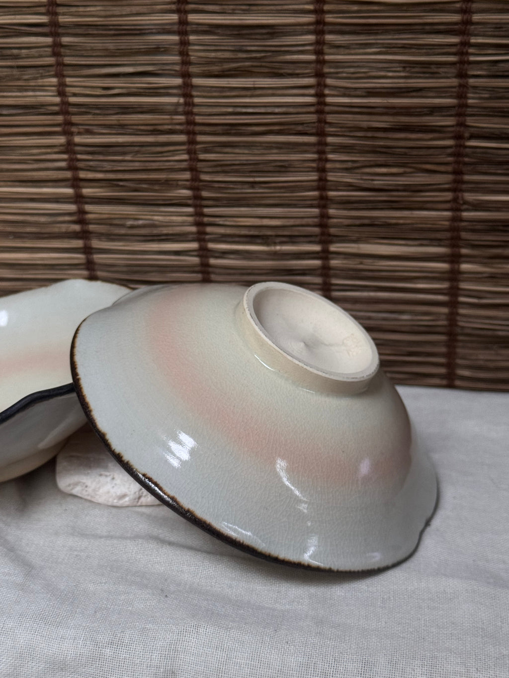Kiyomizu Yaki Scalloped Bowls, Pair — Blush Pink Gradient Glaze, Iron-Rimmed Wave Edge