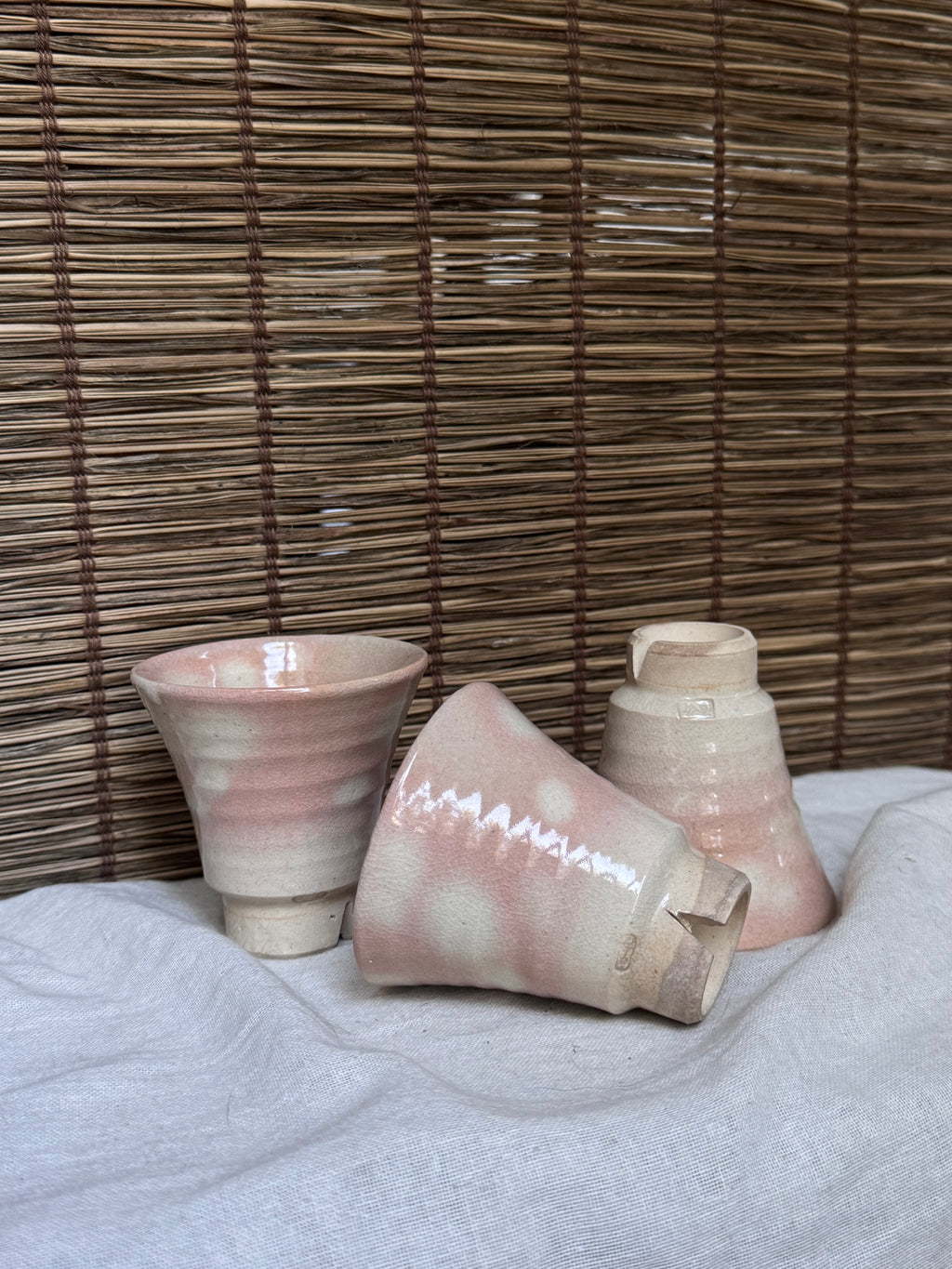 Hagi-yaki Guinomi Cups, Set of 3 — Blush Pink Glaze, Split Foot
