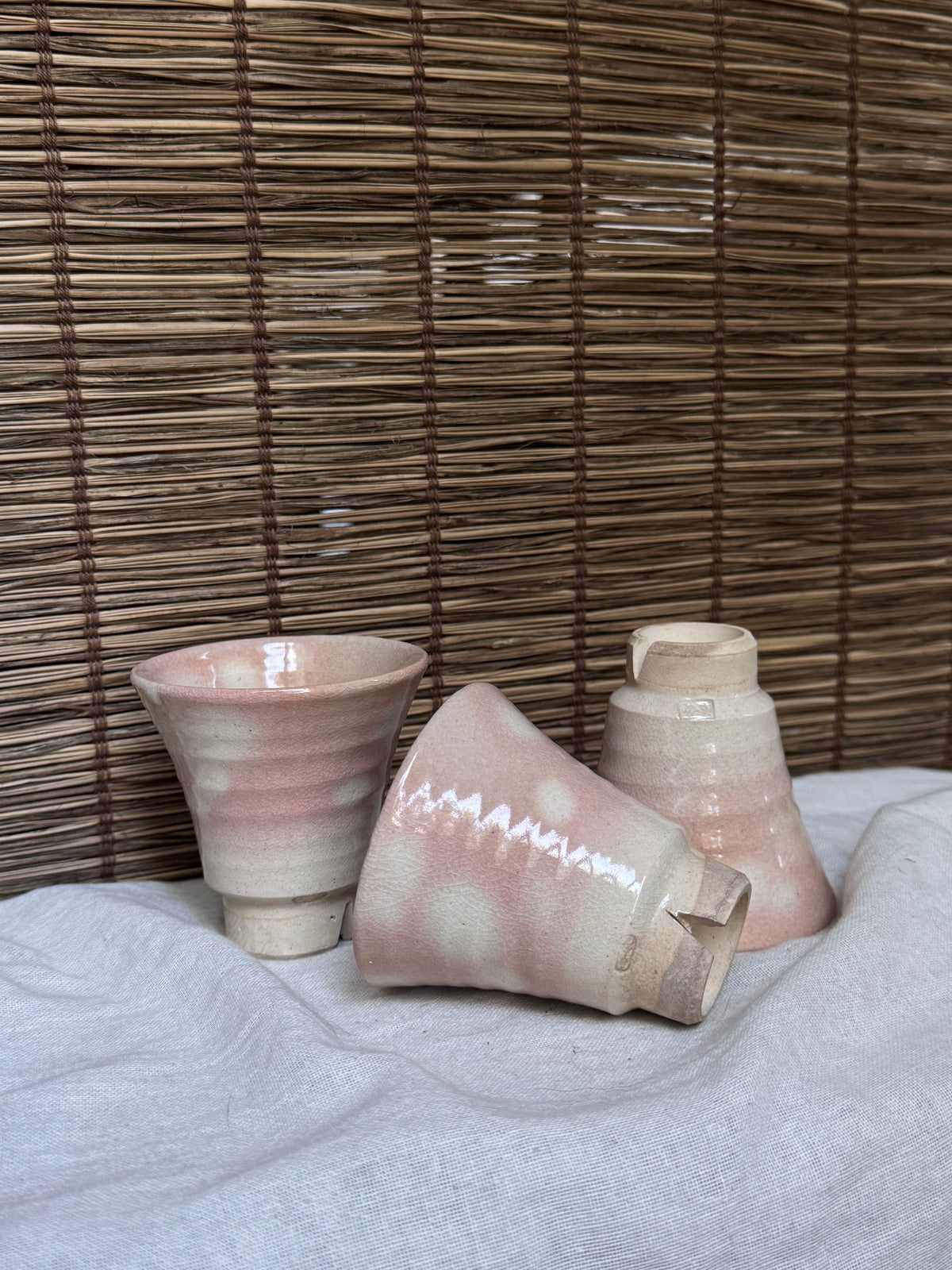 Hagi-yaki Guinomi Cups, Set of 3 — Blush Pink Glaze, Split Foot