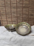 Onta Yaki Mokkō-Shaped Bowls, Pair — Tobikanna Chatter-Carved Pattern, Uchikake Drip Glaze