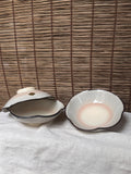 Kiyomizu Yaki Scalloped Bowls, Set of 3 — Blush Pink Gradient Glaze, Iron-Rimmed Wave Edge