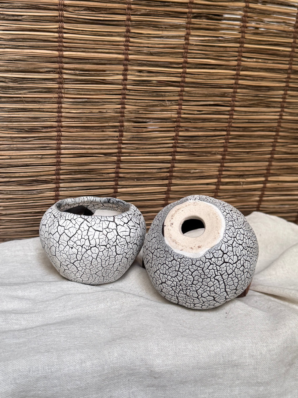 Japanese Crackle-Glaze Mini Plant Pots, Set of 2 — Round Ceramic Planters, Drainage Hole