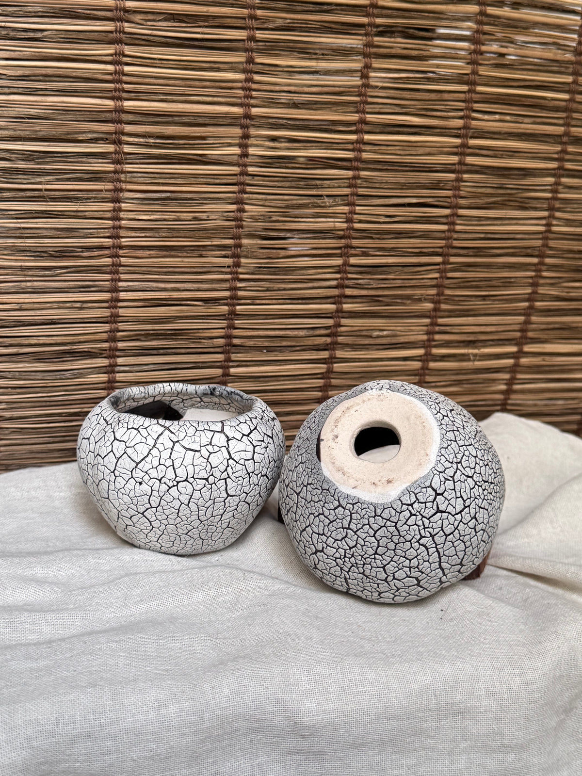 Japanese Crackle-Glaze Mini Plant Pots, Set of 2 — Round Ceramic Planters, Drainage Hole