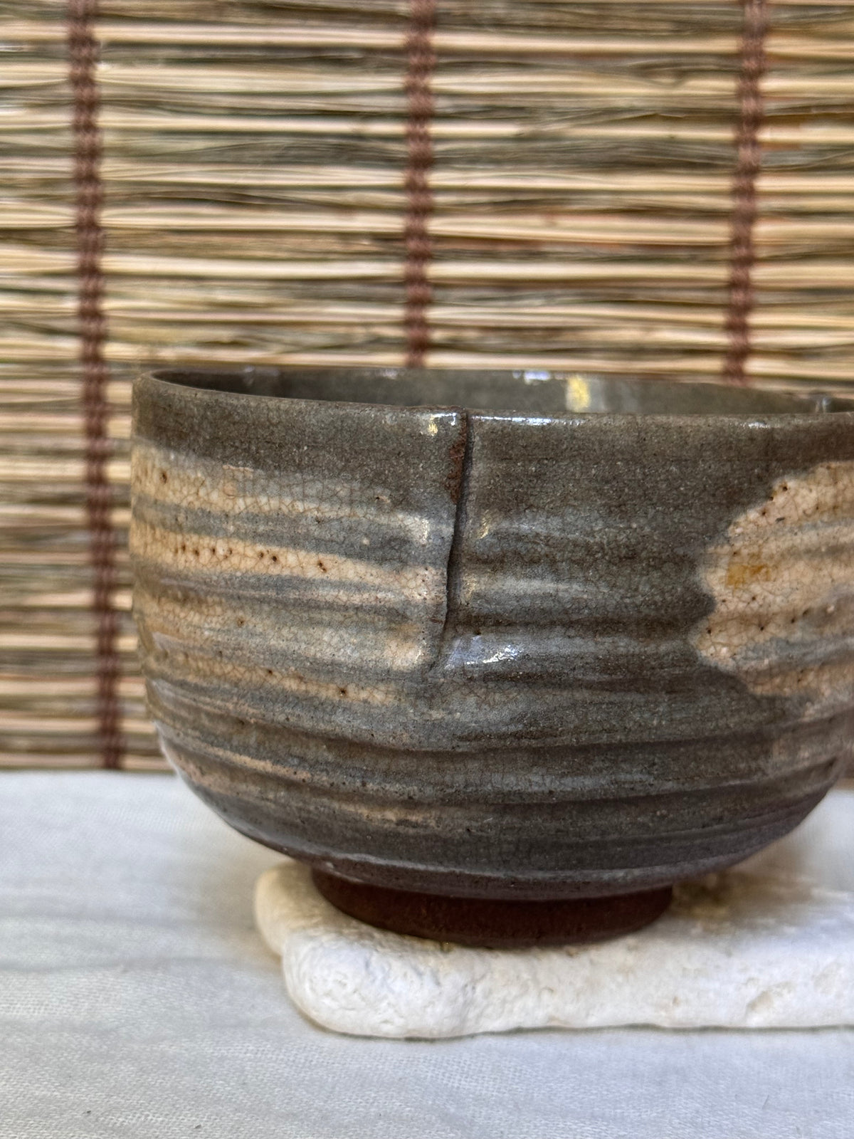 Mini Chawan — Iron Glaze with White Panels, Folded Rim