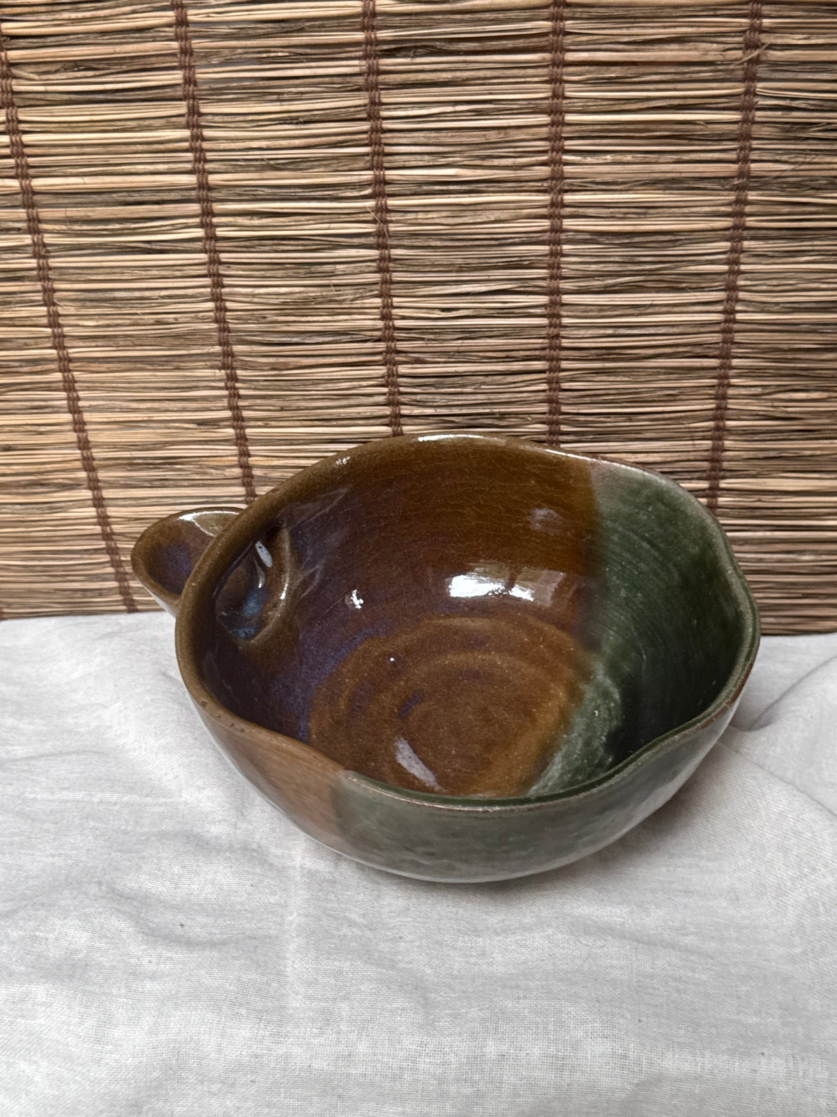 Katakuchi Matcha Bowl — Amber and Green Split Glaze, Blue Opalescence, Impressed Seal