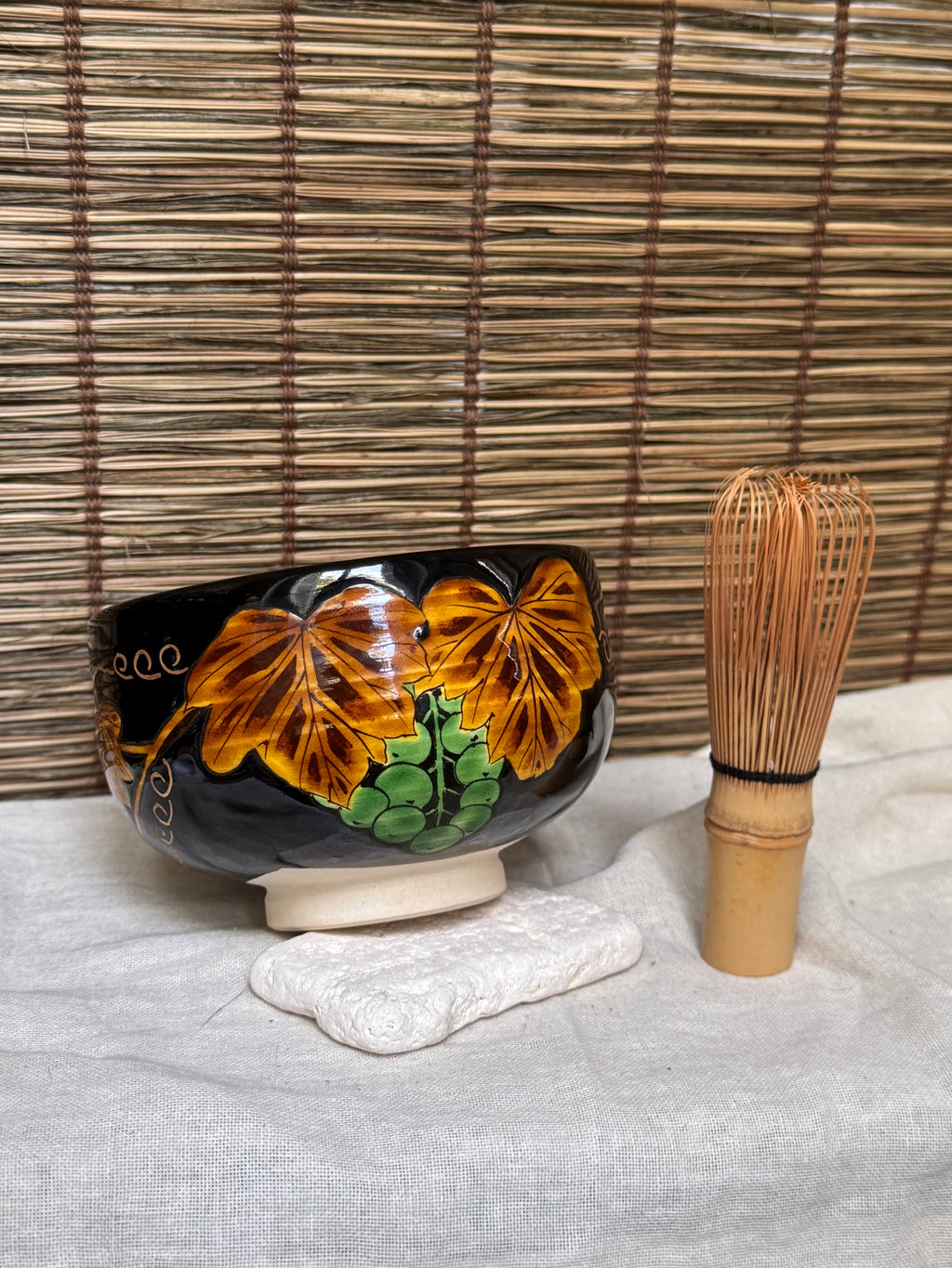 Kuro-Ninsei Chawan — Grapevine Motif, Kyoto Ware, Wooden Box