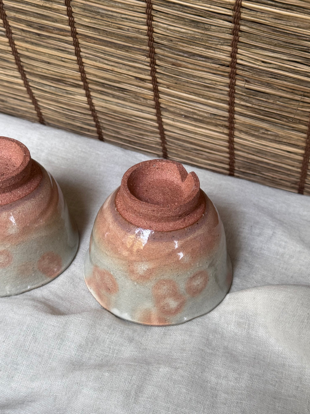 Hagi-Style Yunomi Tea Cups, Pair — Spouted Rim, Twisted Footring with Ash-Spots