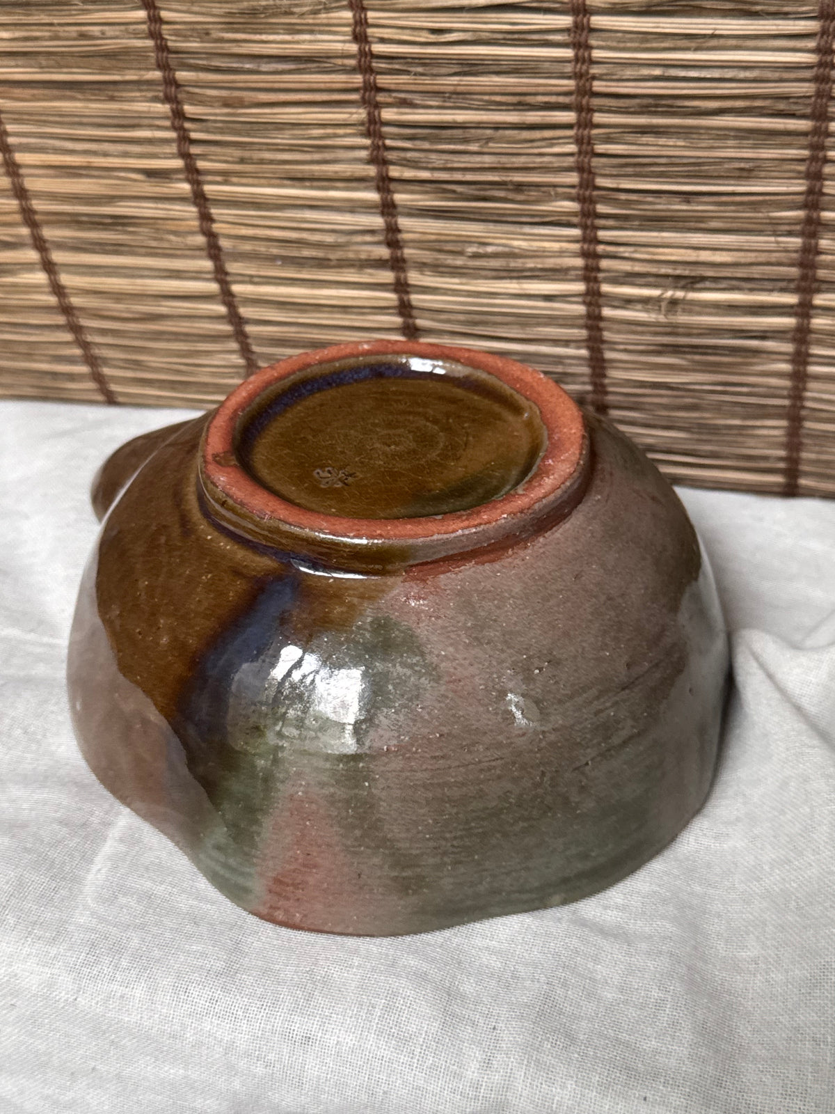 Katakuchi Matcha Bowl — Amber and Green Split Glaze, Blue Opalescence, Impressed Seal