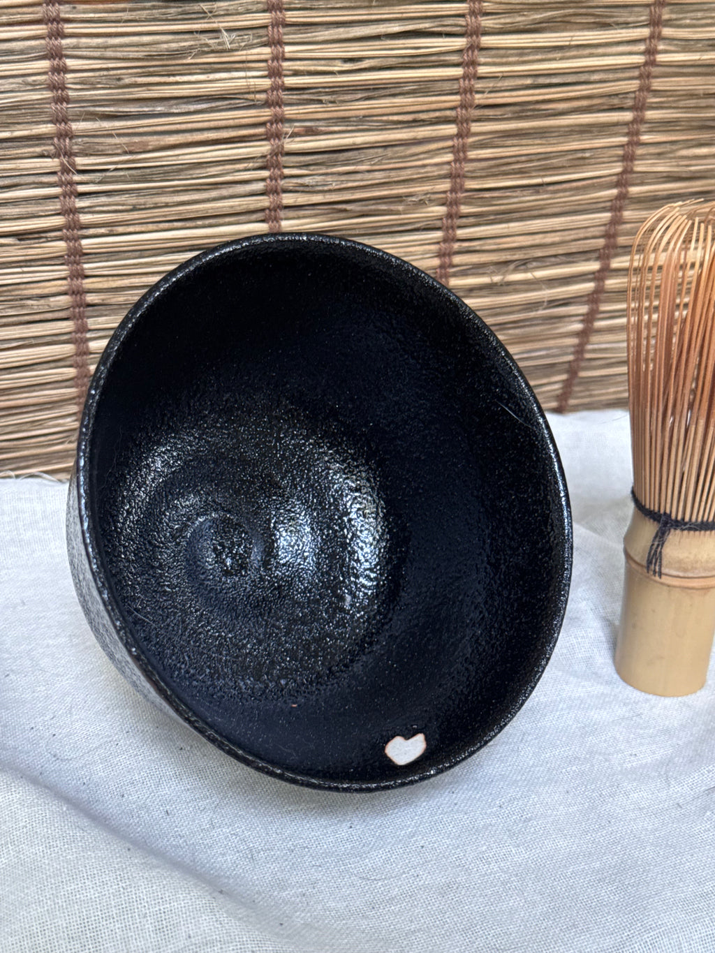 Seto-yaki by Yoshiki Sugiura Matcha Chawan — Black Glaze with Cut-Out Cherry Blossom Petals, Split Foot, Signed & Boxed