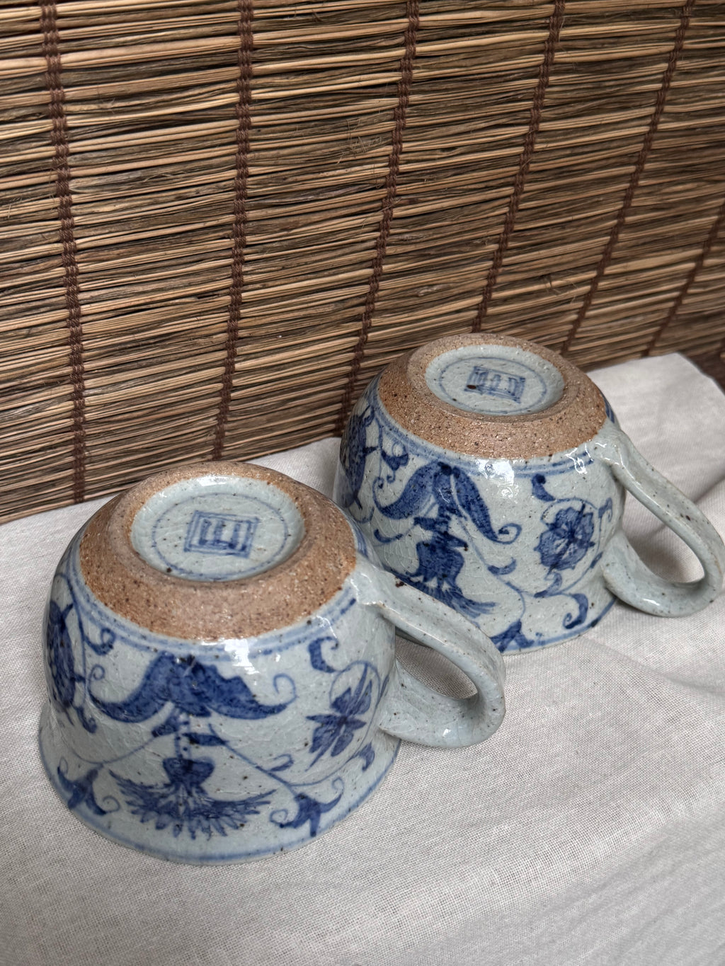 Japanese Blue and White Sometsuke Teacup Mugs, Hand-Painted Floral Design, Set of Two