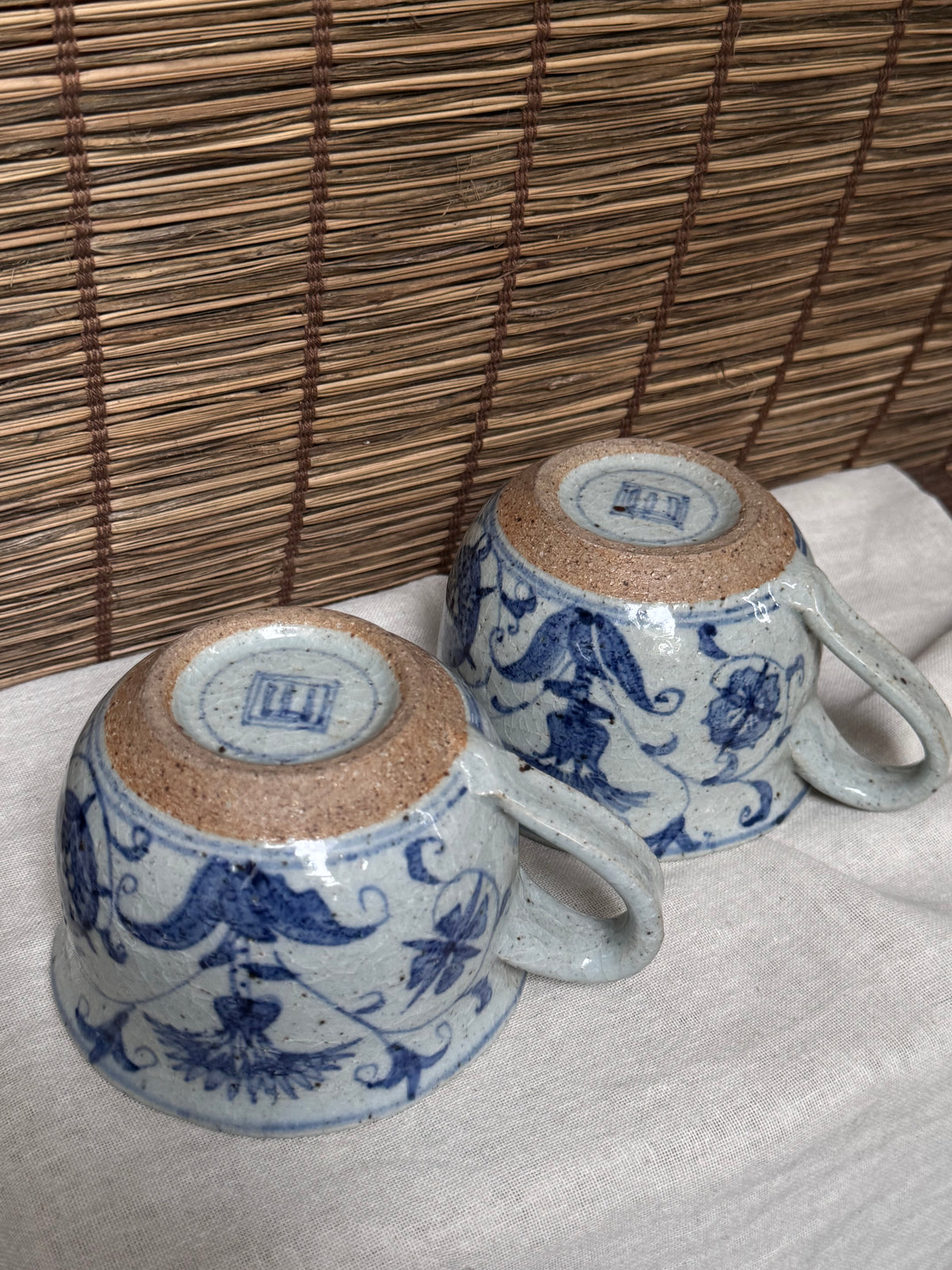 Japanese Blue and White Sometsuke Teacup Mugs, Hand-Painted Floral Design, Set of Two