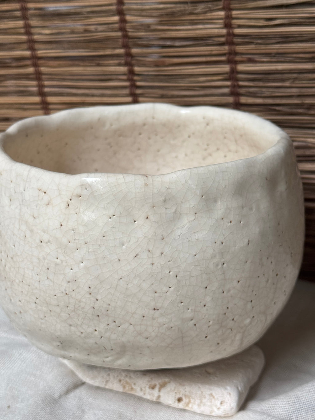 Shino Matcha Chawan — White Feldspar Glaze, Pinholed "Citron Skin" Surface