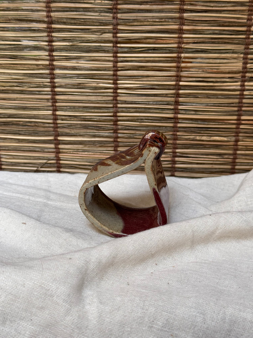 Japanese Futaoki (Lid & Ladle Rest) — Slab-Built, Iron-Painted Grasses, Copper-Red Glaze