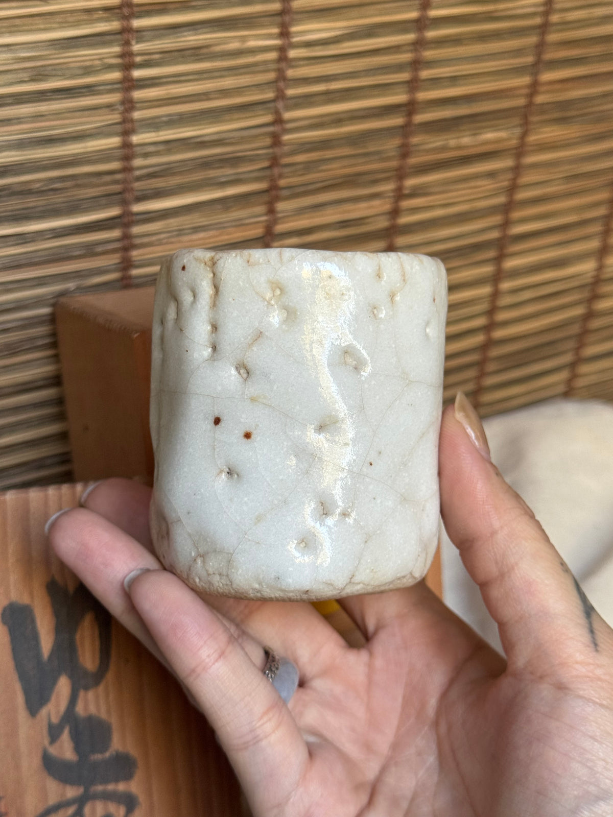 Shino Ware Yunomi Teacup — Ōji Kiln (王子窯), Hand-Formed, Signed Wooden Box