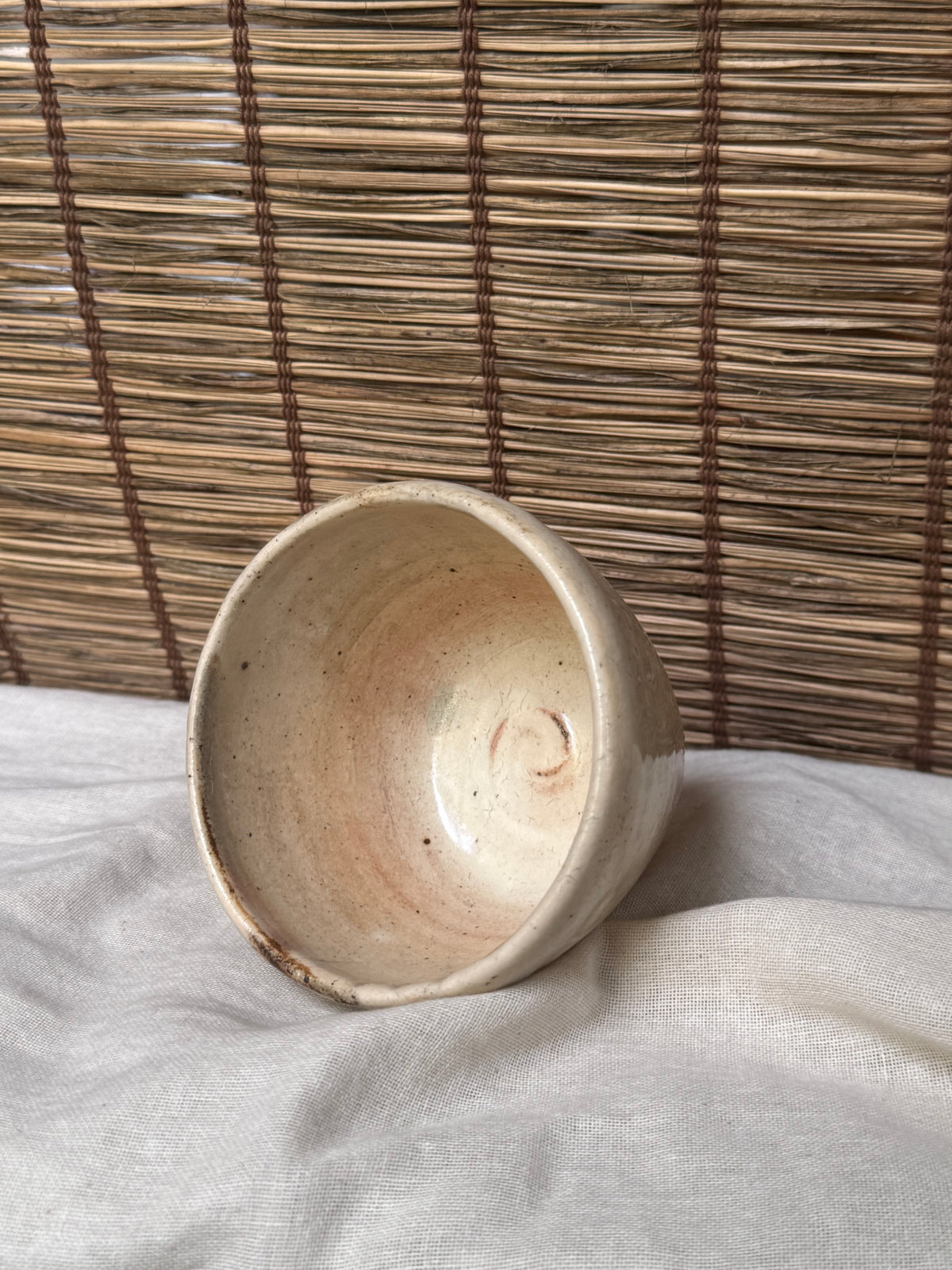 Ido-Style Chawan Cup — Cream Glaze, Spiraled Interior, Kairagi Foot Ring