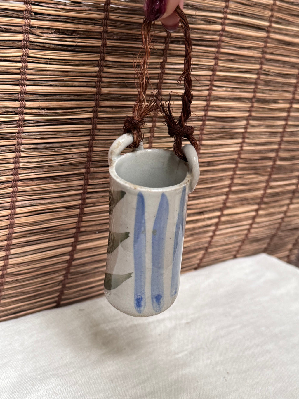 Japanese Mini Hanging Vase with Hand-Painted Leaf and Stripe Design
