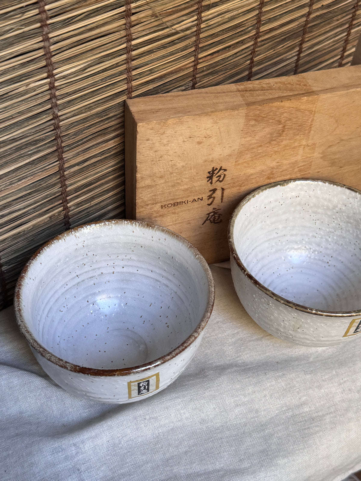 Kohiki Rice Bowls, Pair — White Slip, Iron Speckles, Kobiki-an, Wooden Box