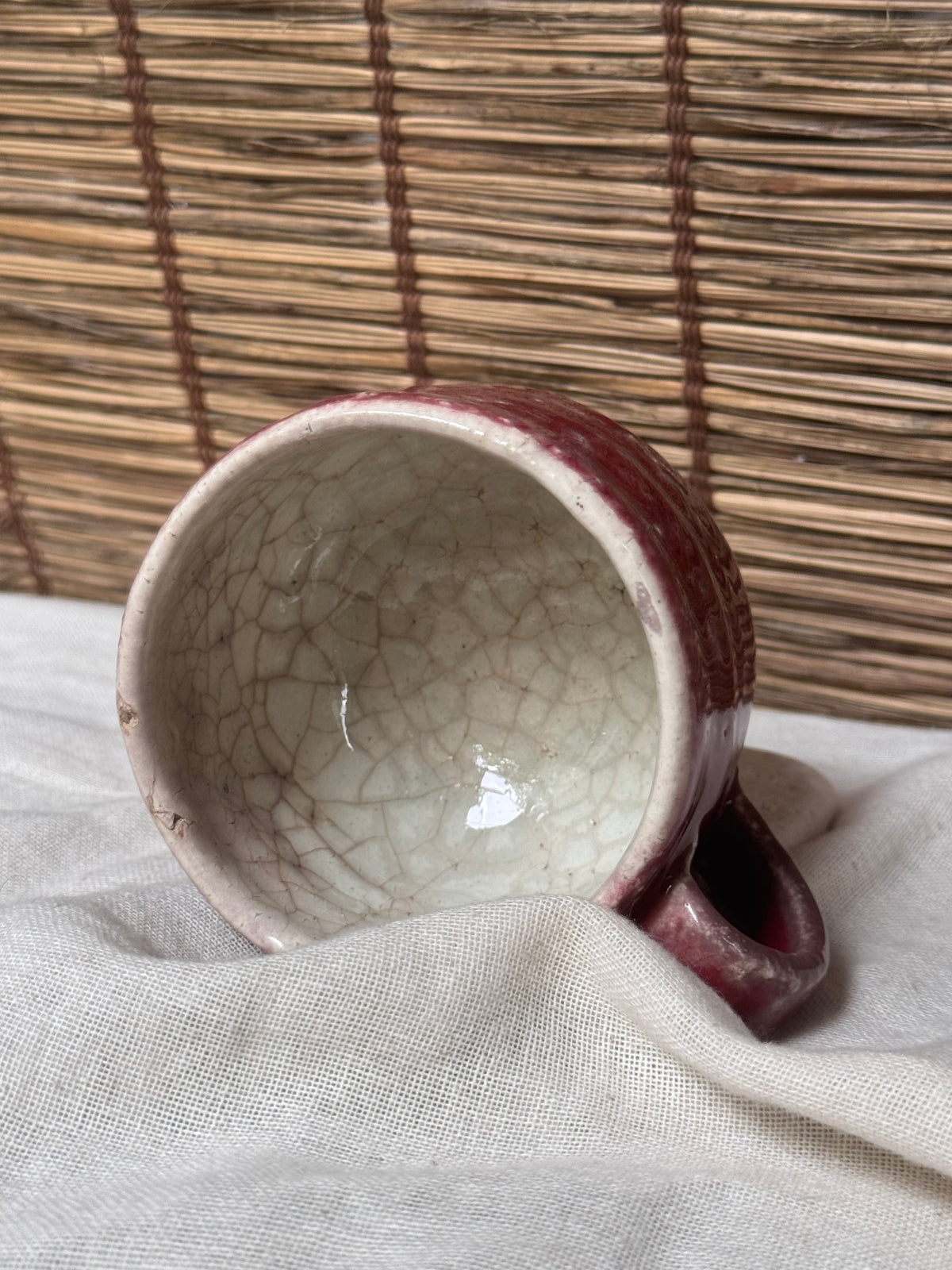 Copper-Red Glazed Studio Mug — Oxblood Drip Glaze, Crackle Interior