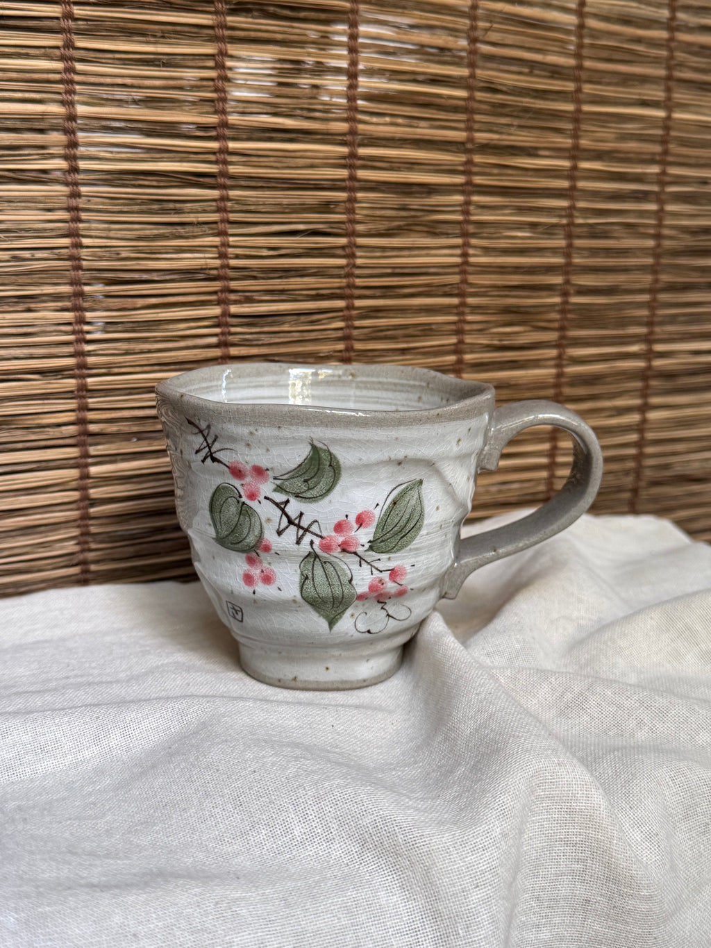 Mino-Yaki Studio Mugs, Hand-Painted Berry Design & Plain Crackle Glaze