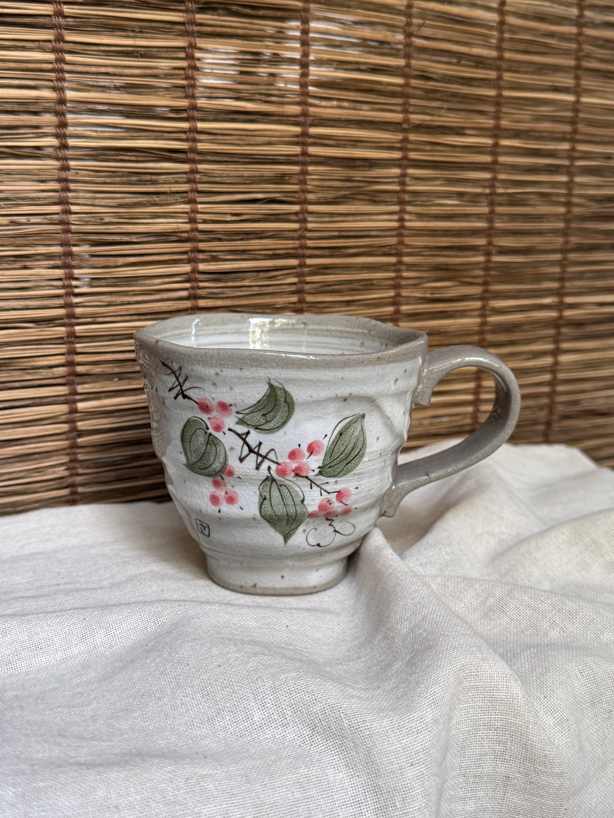 Mino-Yaki Studio Mugs, Hand-Painted Berry Design & Plain Crackle Glaze
