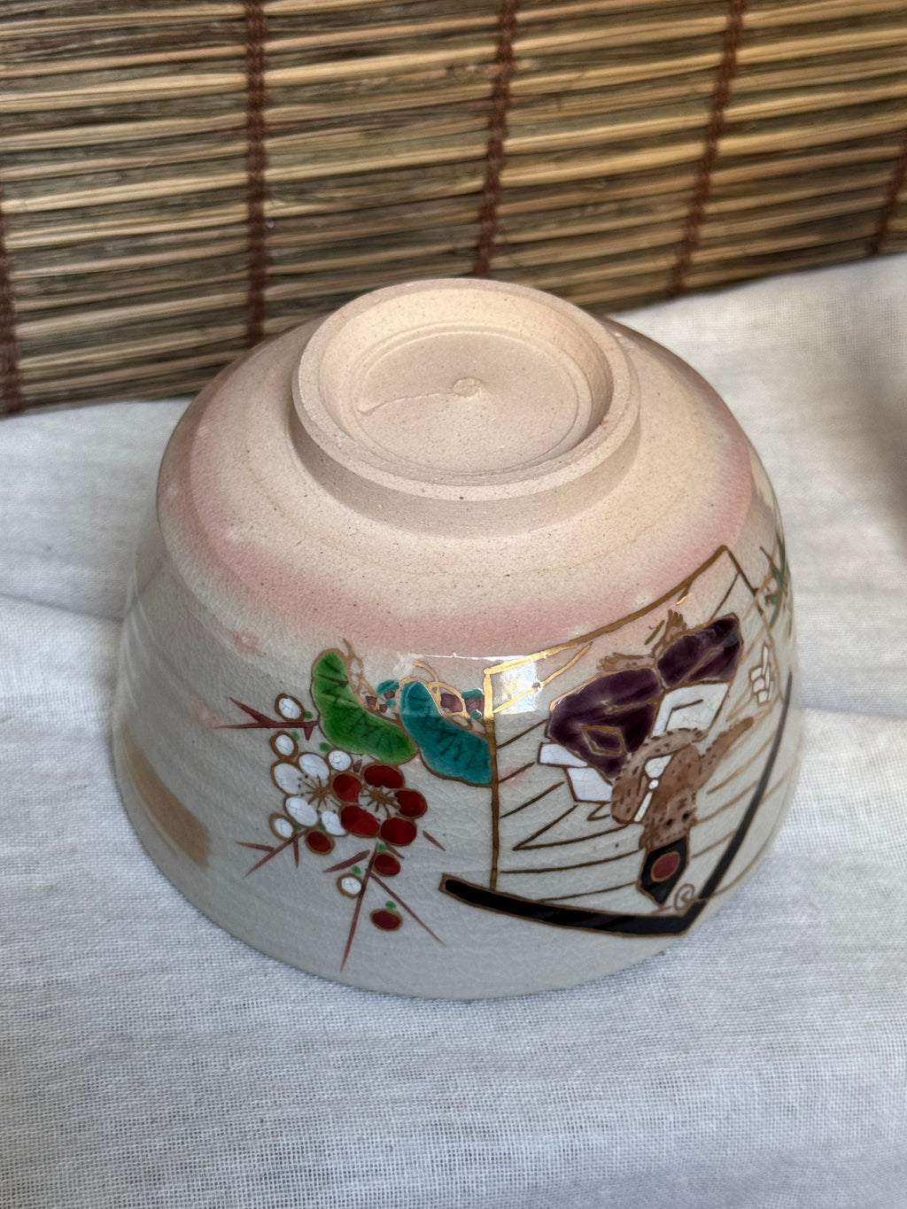 Kyoto Ware Zodiac Tea Bowl (Eto Chawan), Year of the Monkey — Monkey on an Ema with Pine, Bamboo and Plum