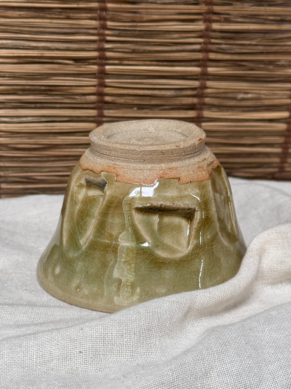 Celadon Cup — Carved Crane, Crackle Glaze, Sealed Base