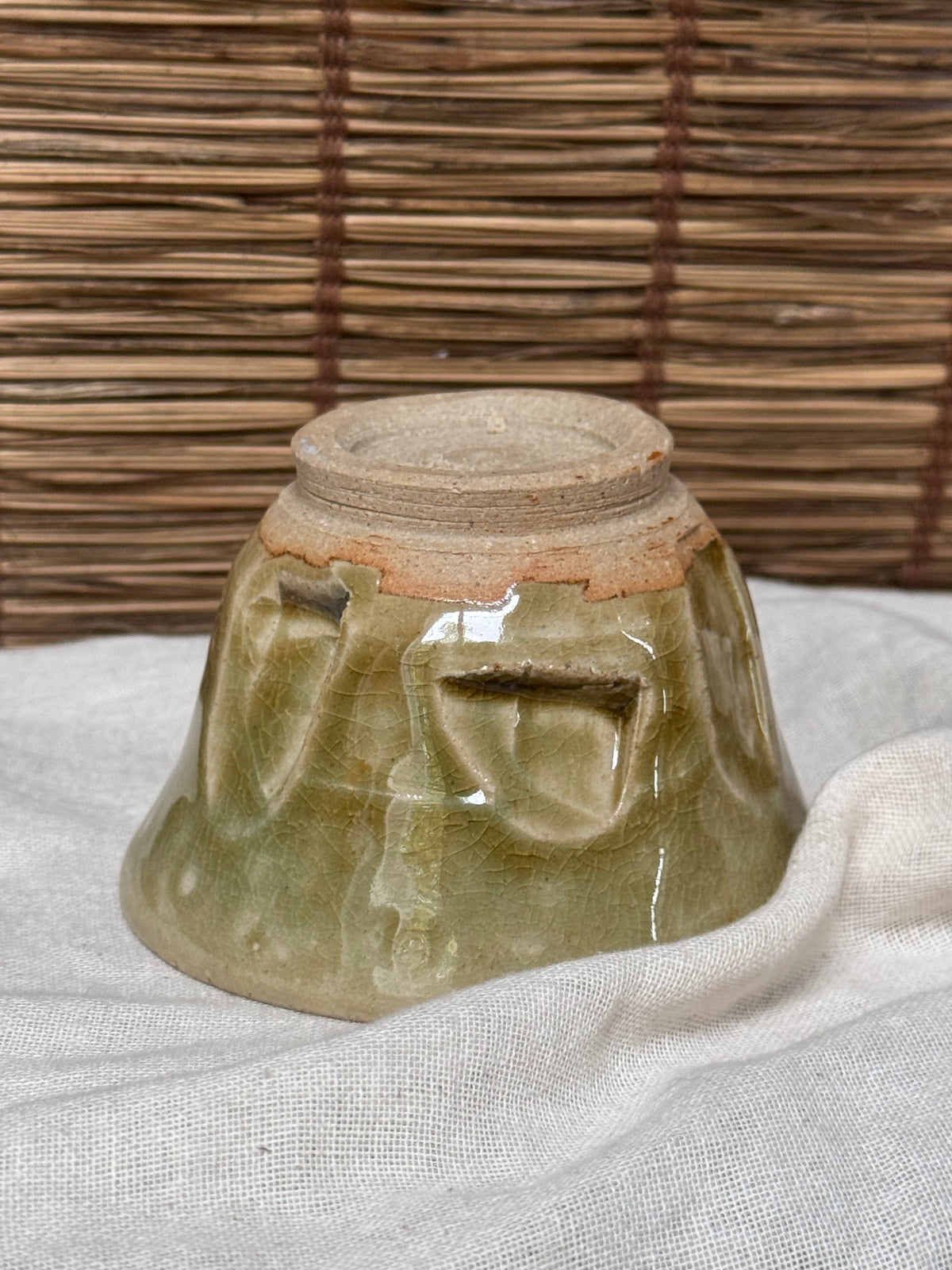 Celadon Cup — Carved Crane, Crackle Glaze, Sealed Base