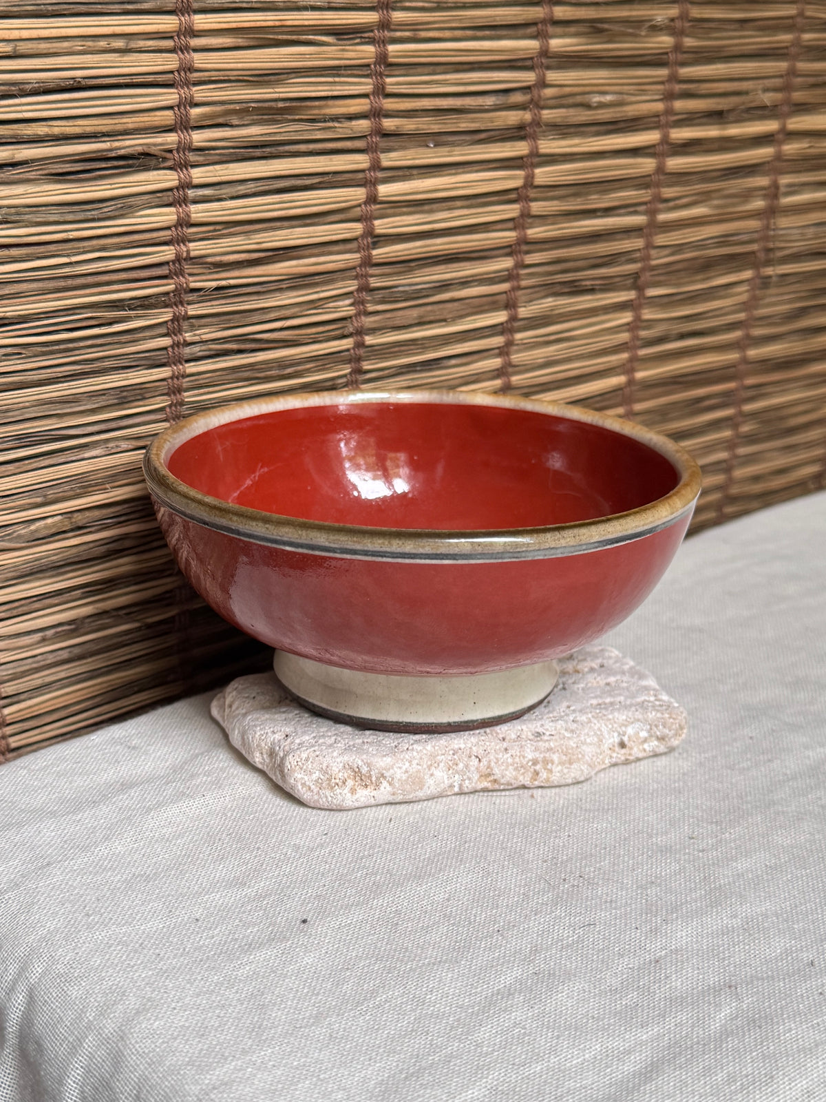 Tsuboya Ware by Toshiyuki Kinjo Rice Bowl — Copper-Red Glaze, Medallion Fish Motif
