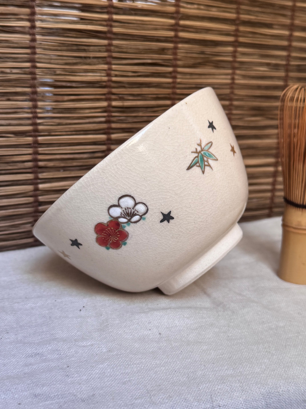 Kyoto Ware Tea Bowl — Pine, Bamboo and Plum with Scattered Stars, Enamel and Gold