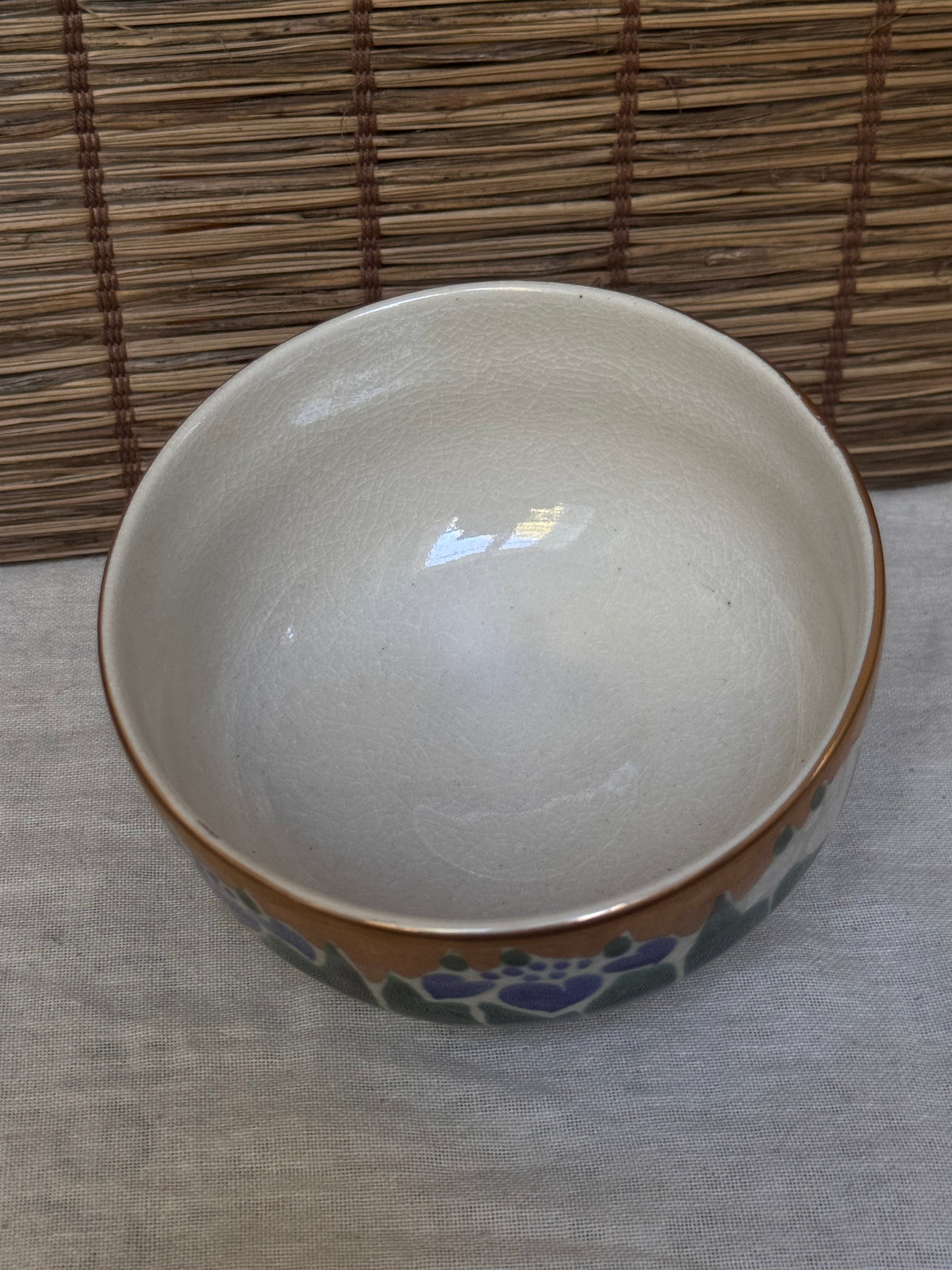 Kutani Ware Matcha Bowl (Chawan) — "Ayame" Iris Motif, Gold Ground, Signed, Wooden Box