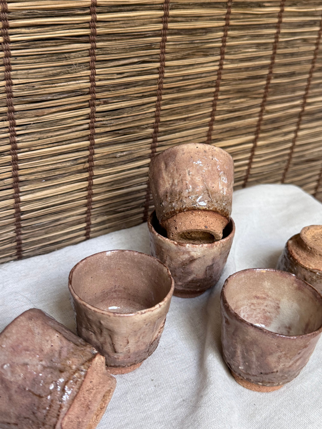 Hagi-yaki Sake Cups, Set of 6 — Blush Pink Ash Glaze, Hand-Built, Unglazed Rim & Foot