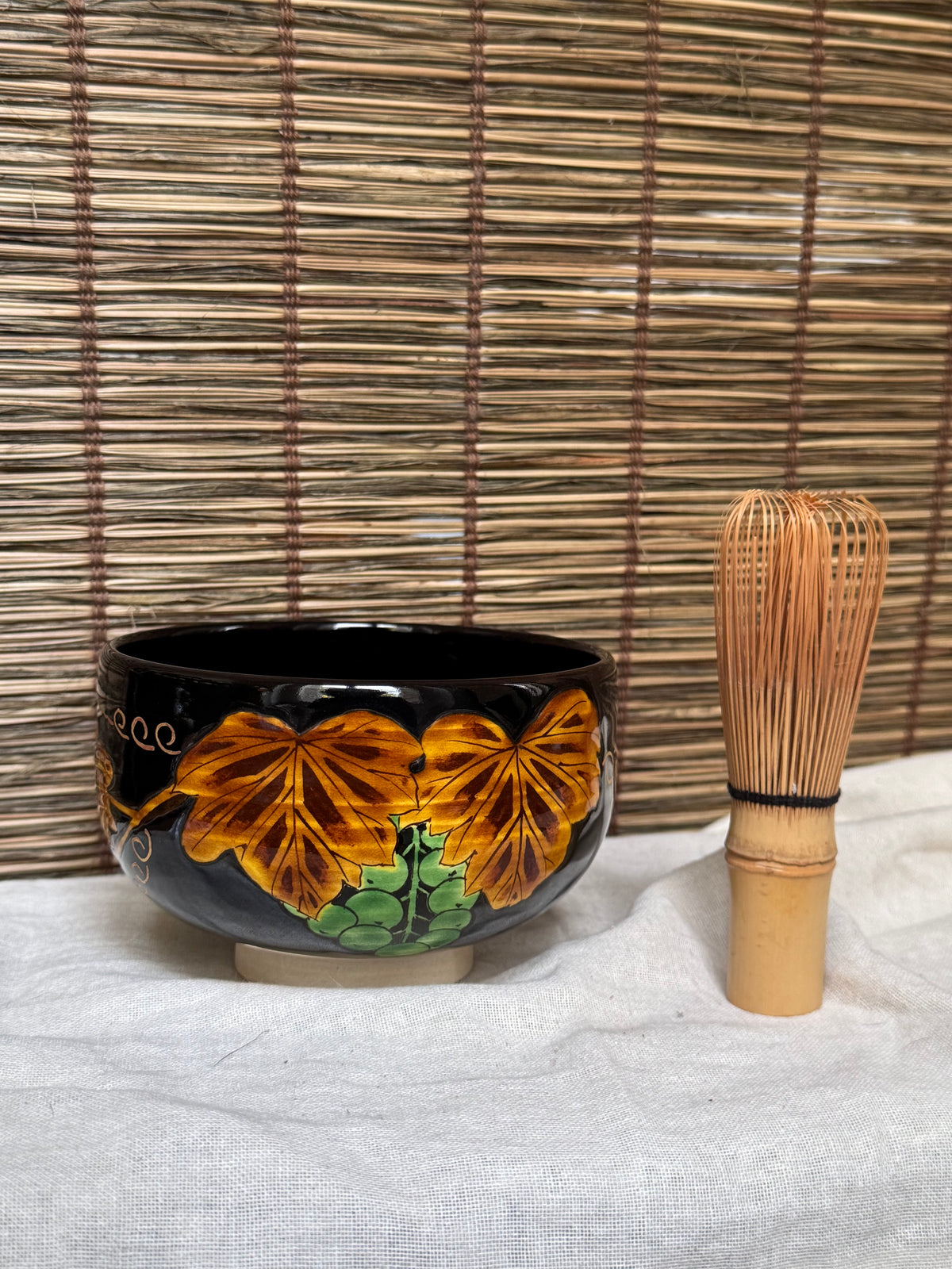 Kuro-Ninsei Chawan — Grapevine Motif, Kyoto Ware, Wooden Box